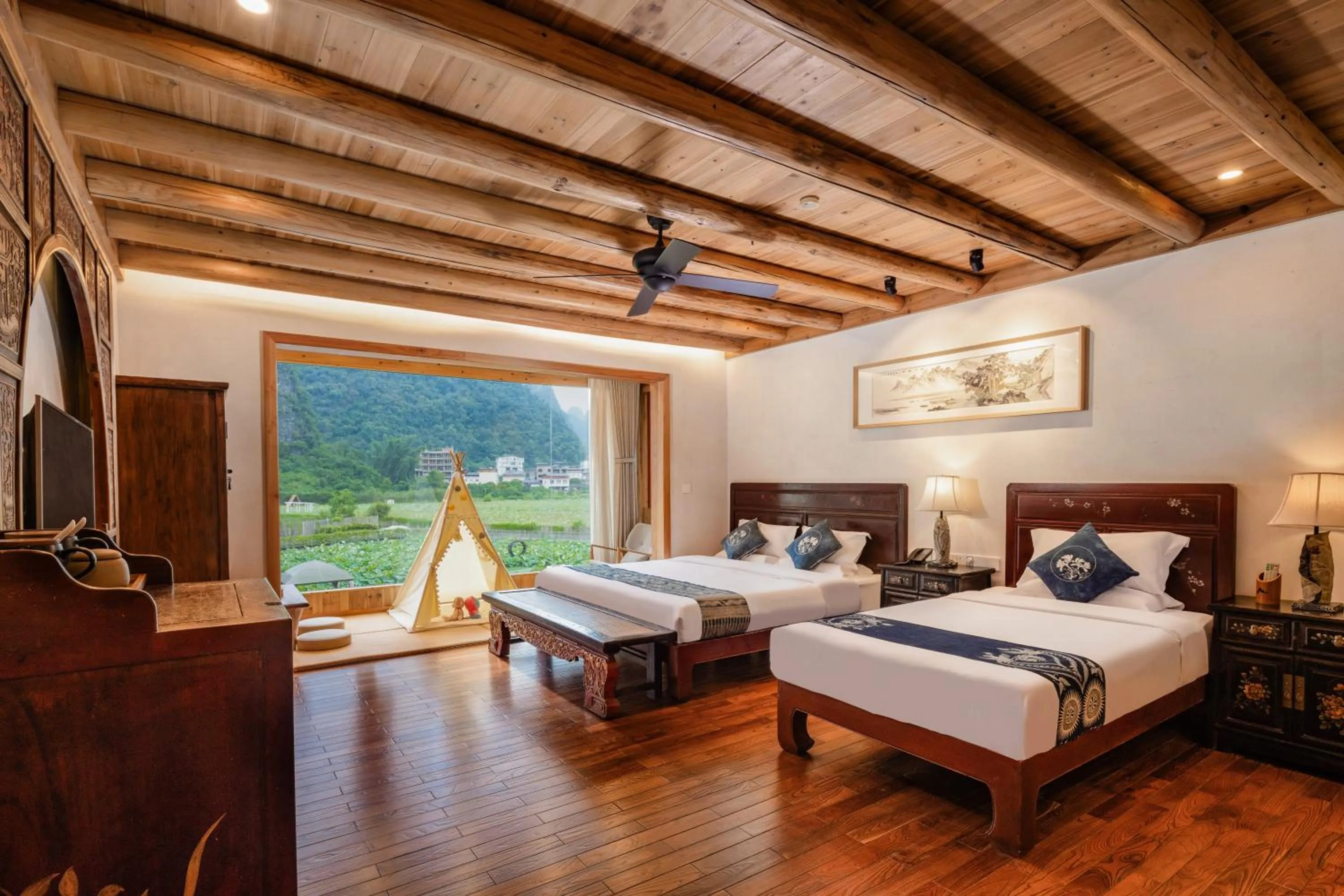 View (from property/room), Bed in Yangshuo Tea Cozy--one way Free pick up from airport or TS 4 nights