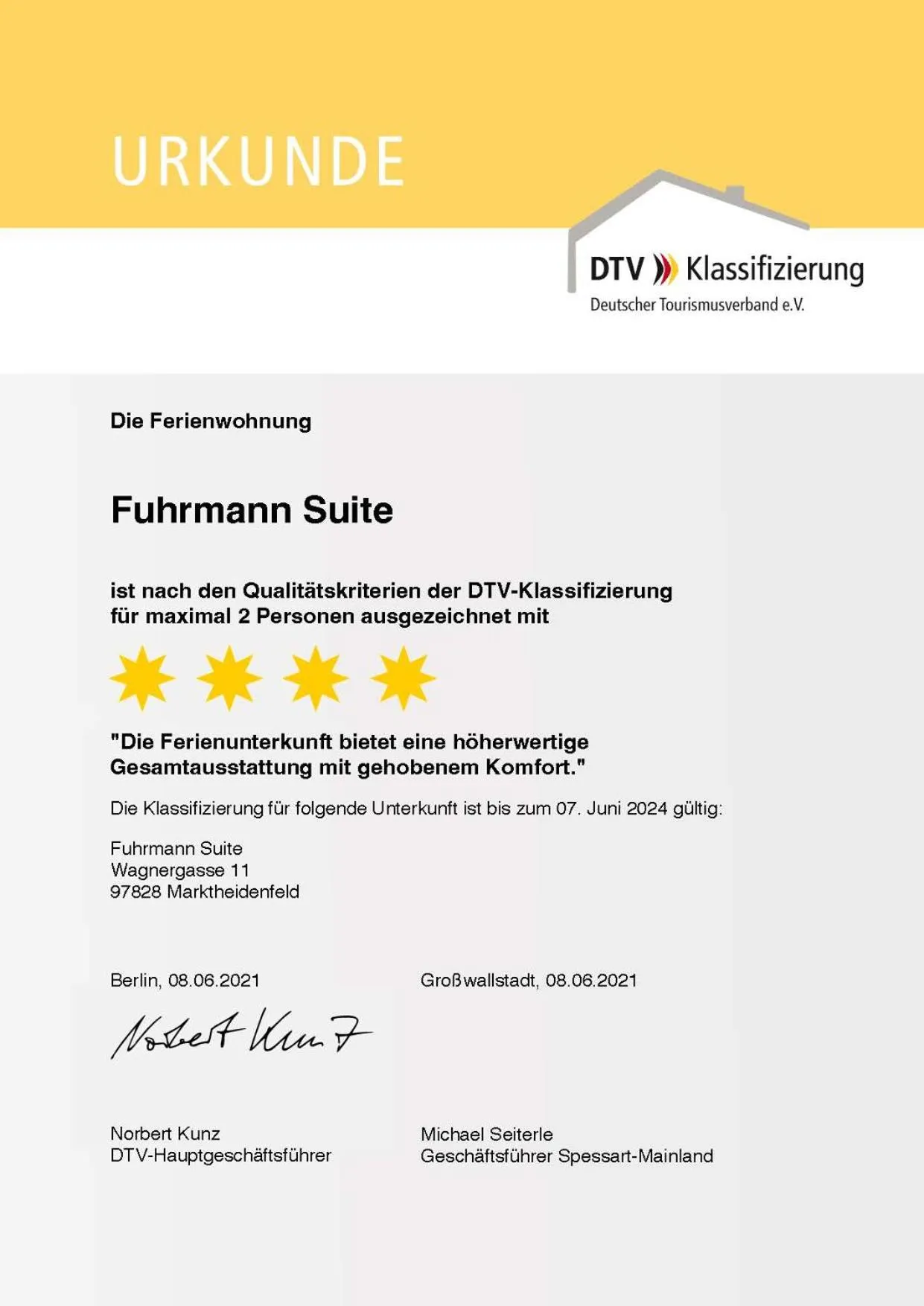 Certificate/Award in AD1716 apARTments Marktheidenfeld