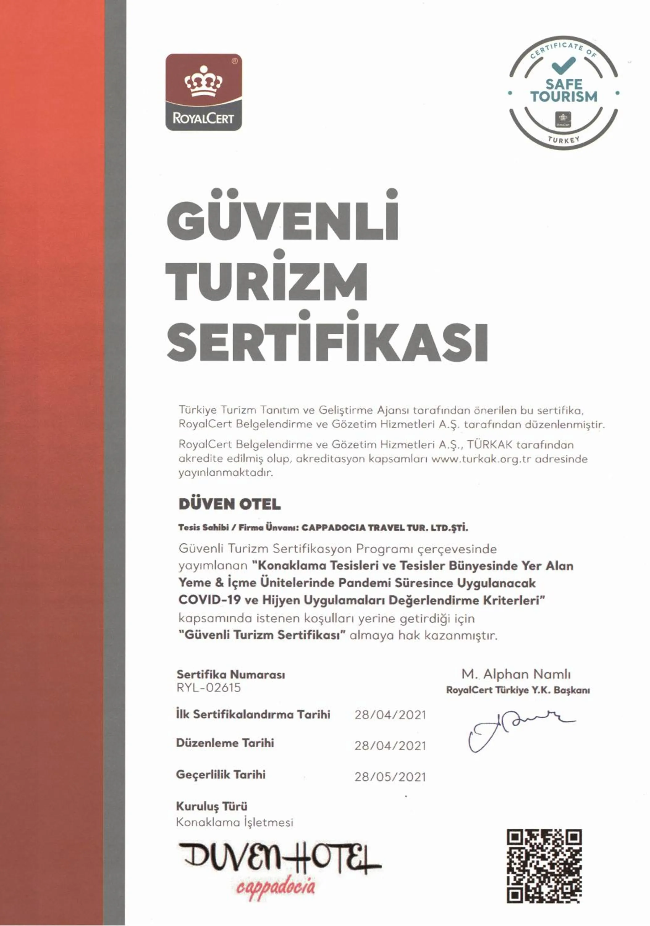 Logo/Certificate/Sign in Duven Hotel Cappadocia