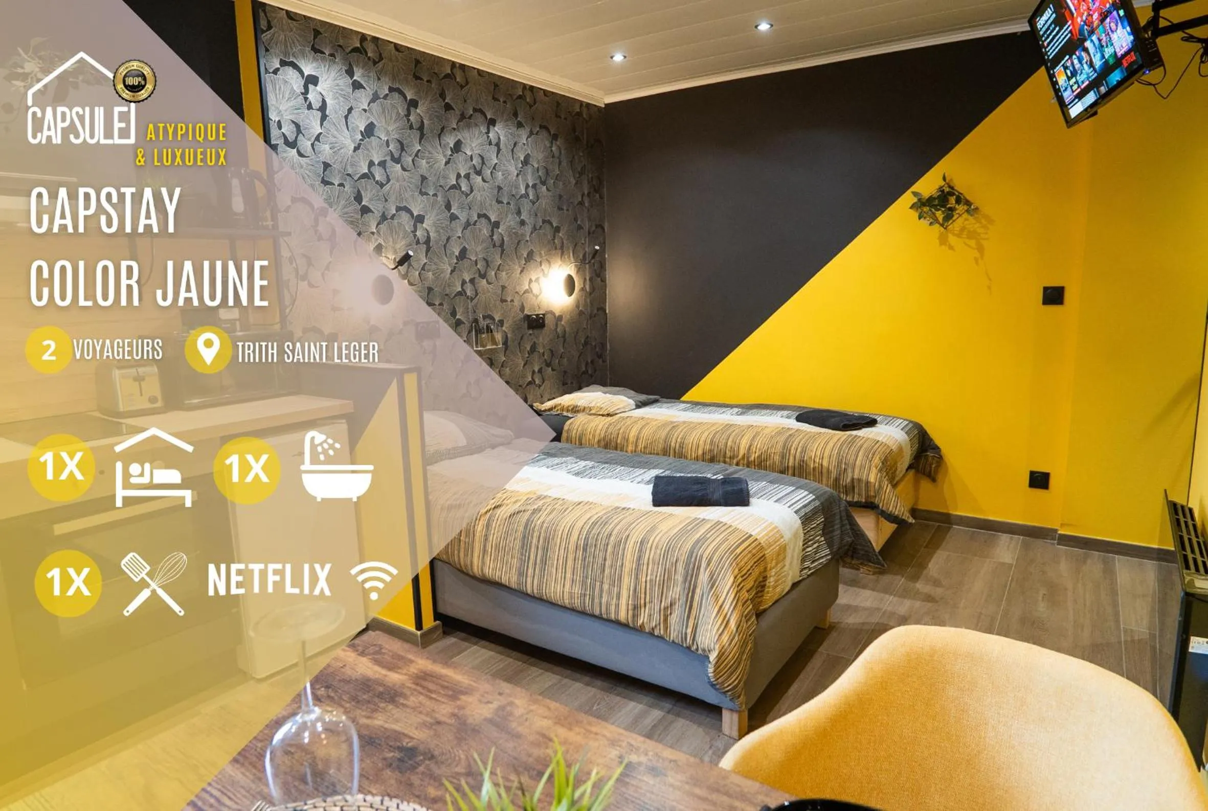 Photo of the whole room, Bed in Capstay Color Valenciennes & Netflix