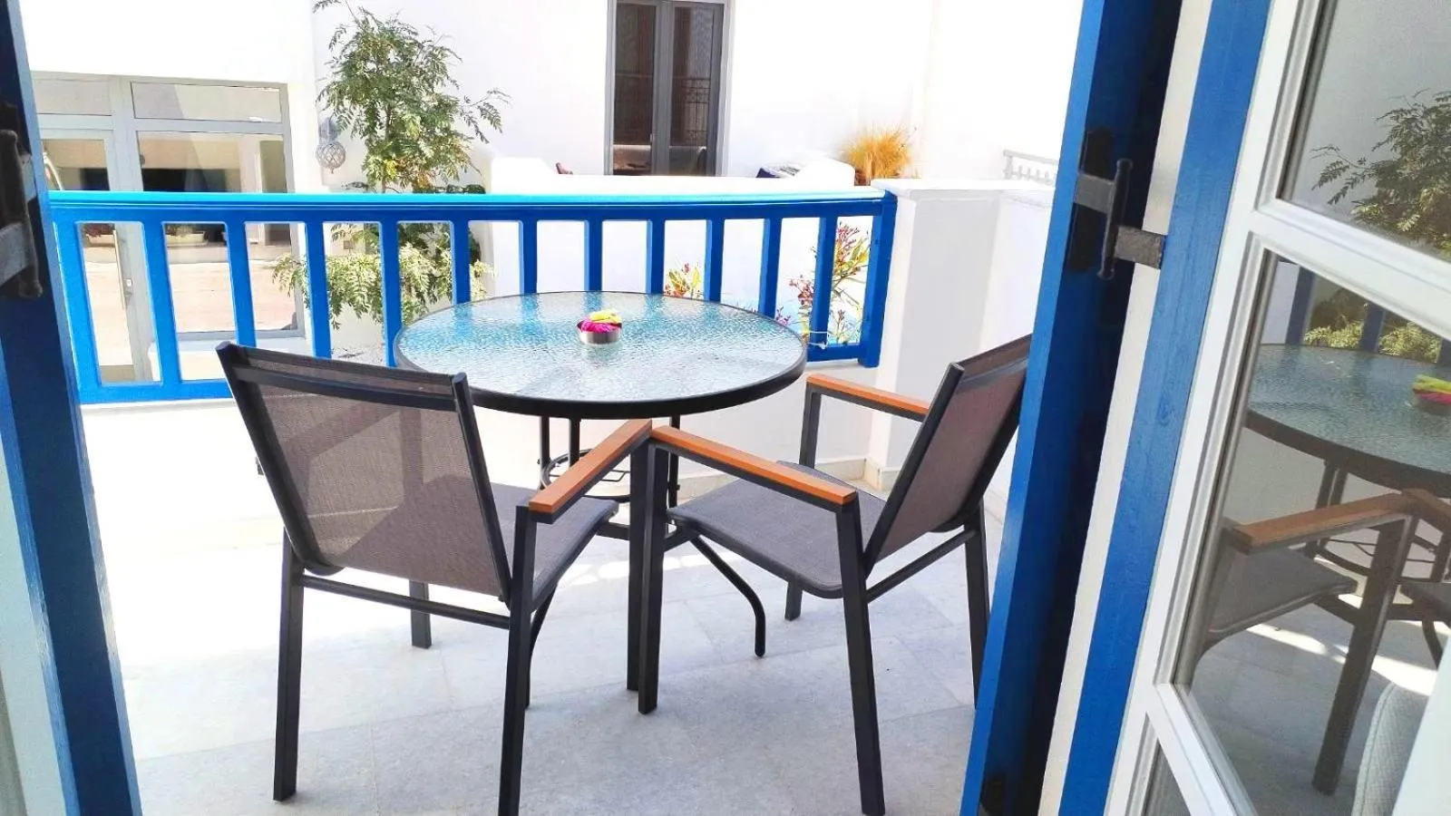 Balcony/Terrace in Nostos Studios at Saint George beach Agios Georgios Chora Naxos town