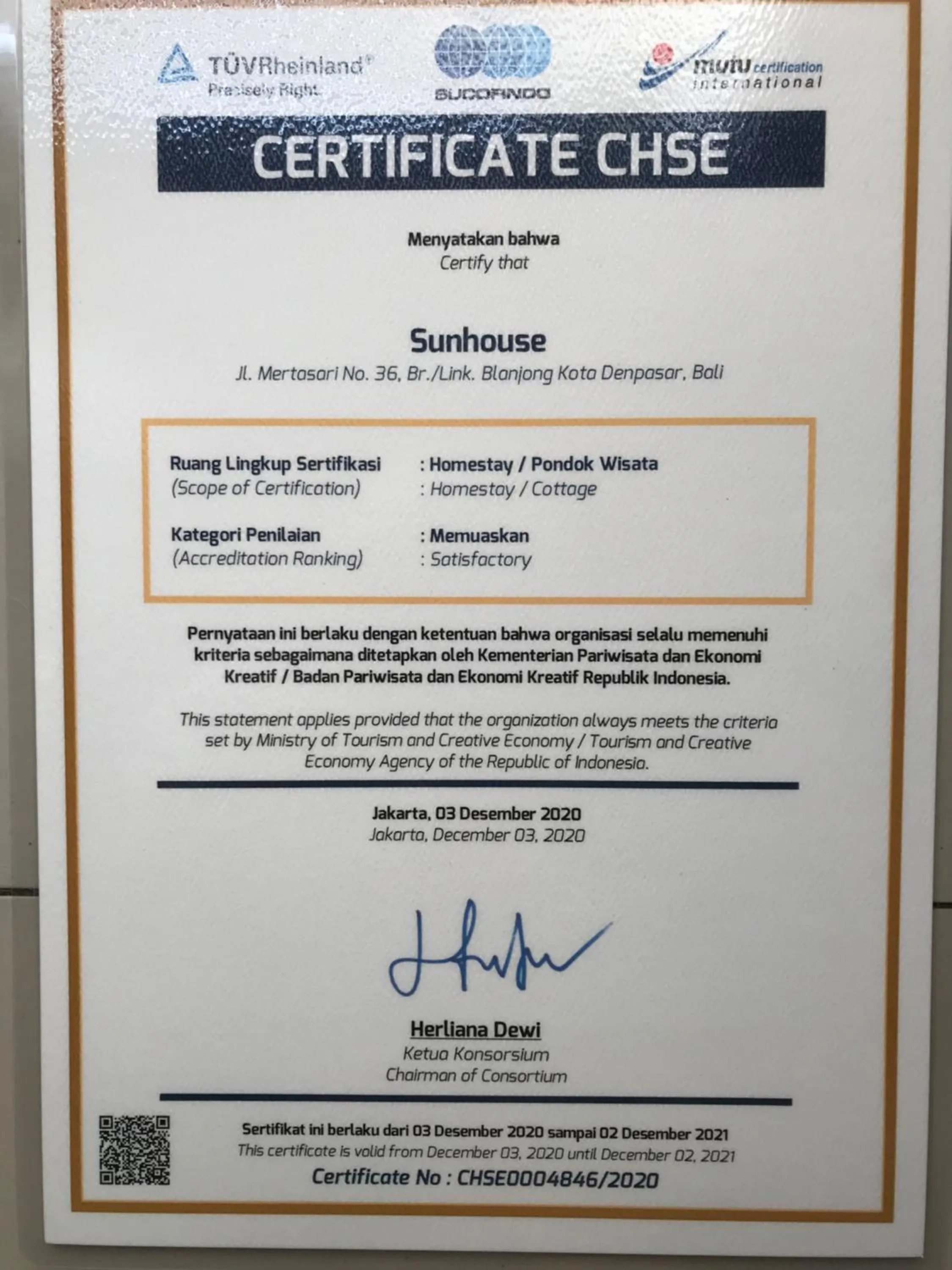 Certificate/Award in Sunhouse Guesthouse