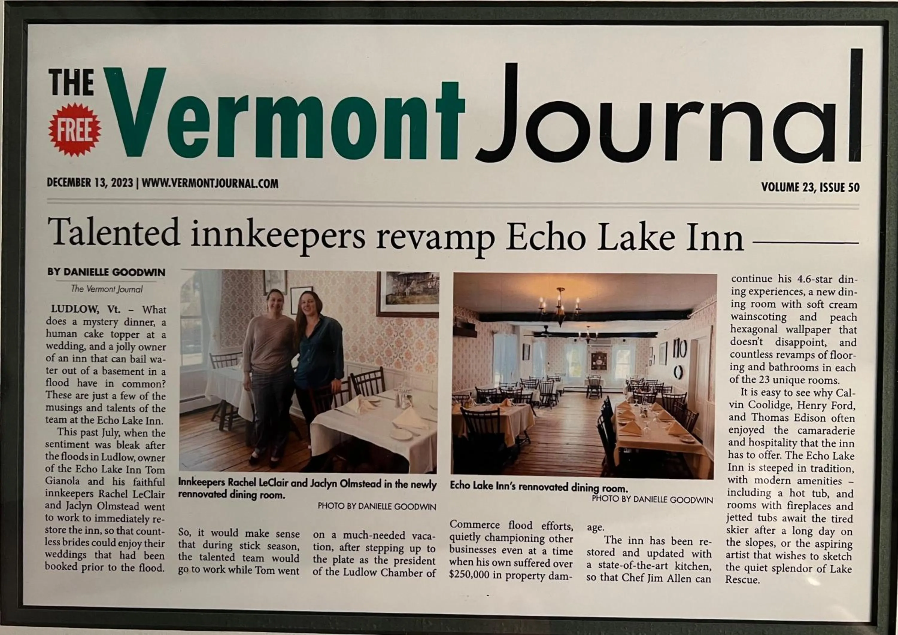 Certificate/Award in Echo Lake Inn