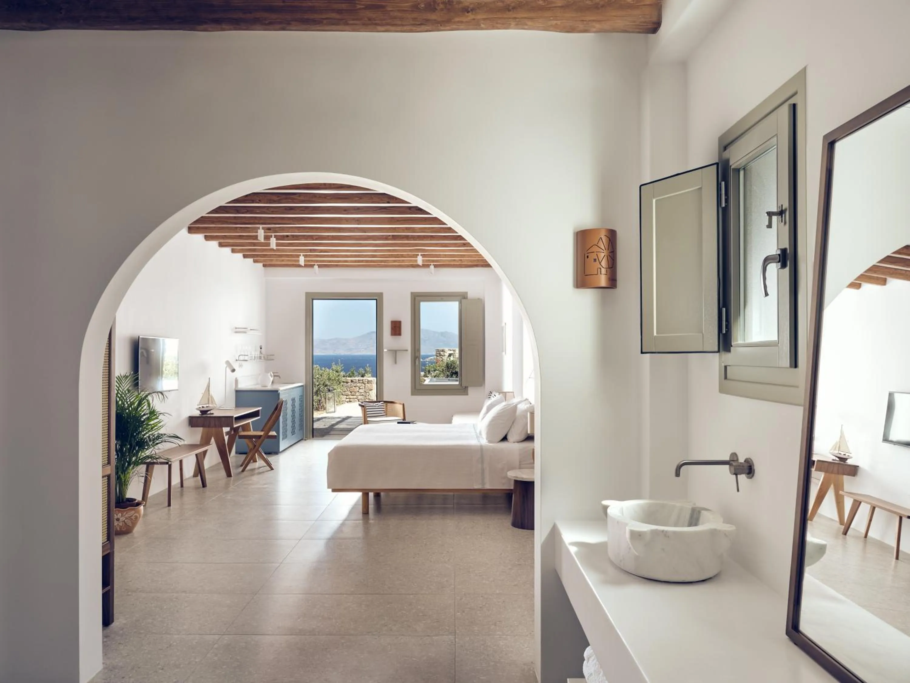 Bedroom, Bed in Belvedere Mykonos - Hilltop Rooms & Suites - The Leading Hotels of the World