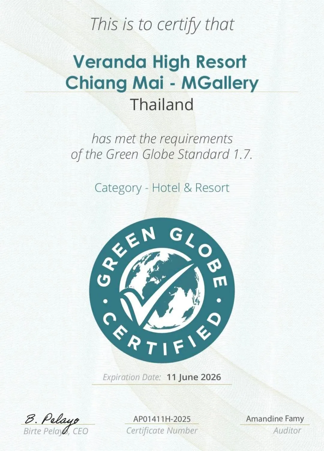 Certificate/Award in Veranda High Resort Chiang Mai - MGallery Collection, Accor Hotel