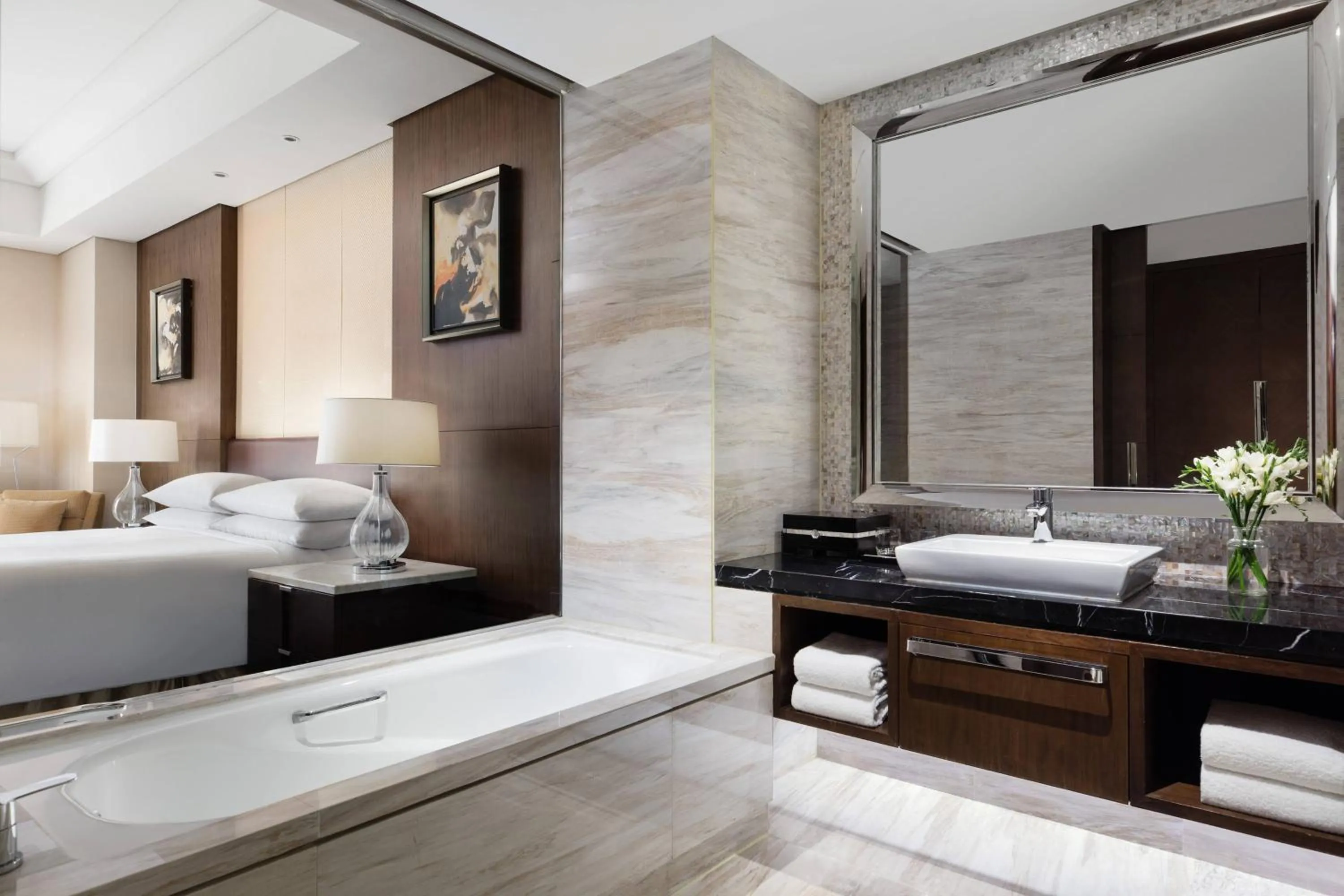 Bathroom, Bed in Shanghai Marriott Hotel Pudong East - Only a 20 minute drive from Disney