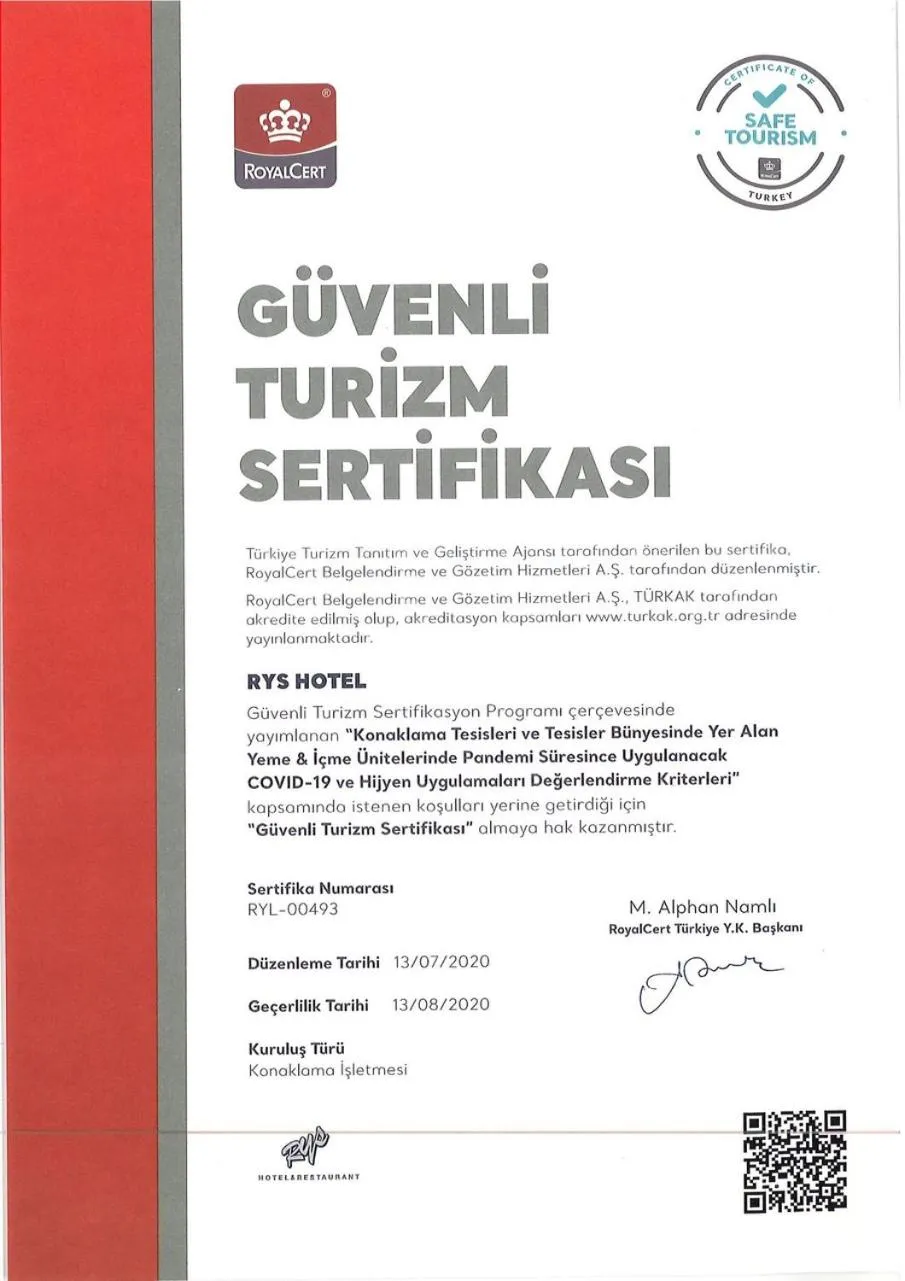 Certificate/Award in RYS Hotel