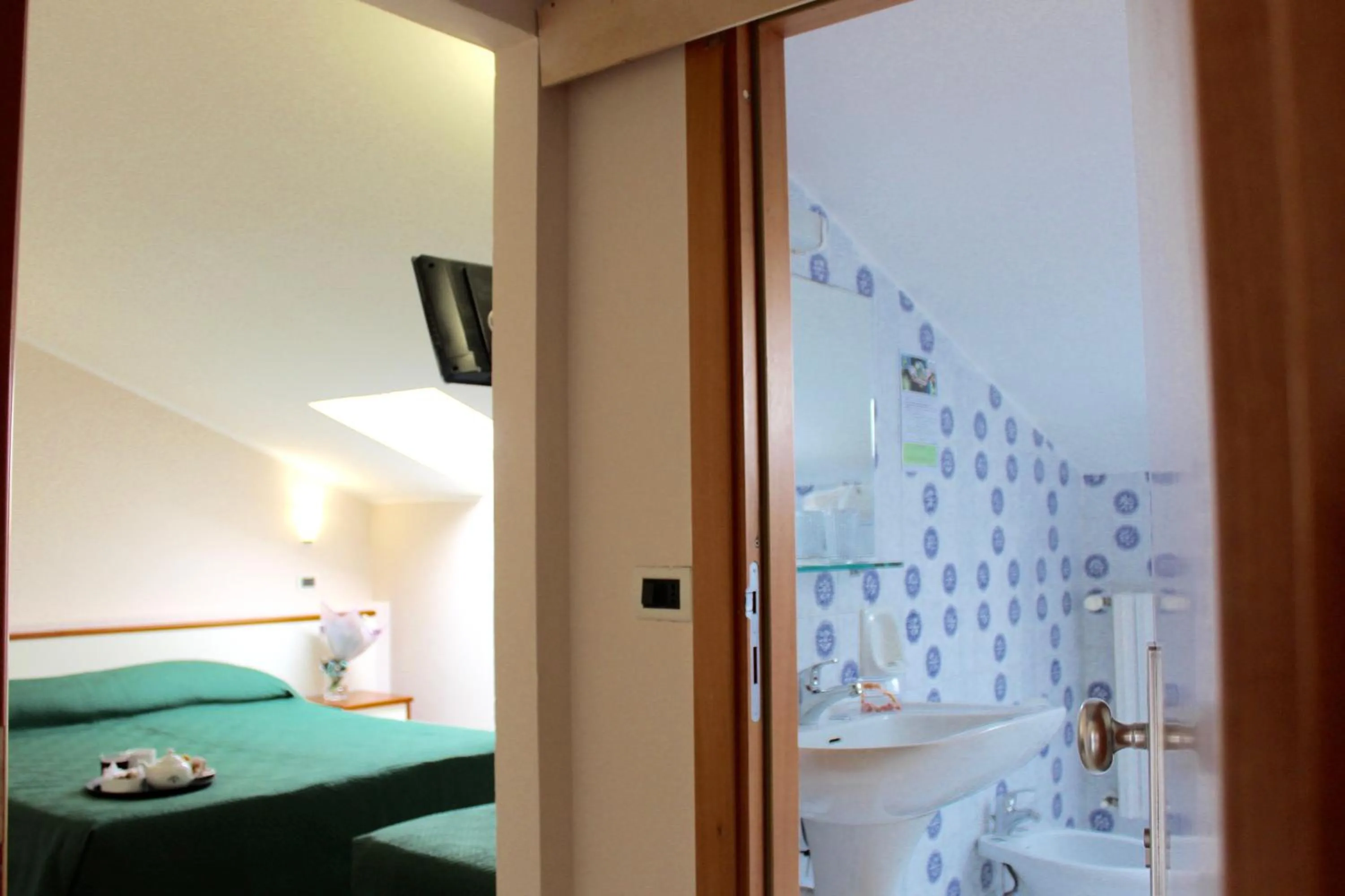 Shower, Bed in Blue Hotel