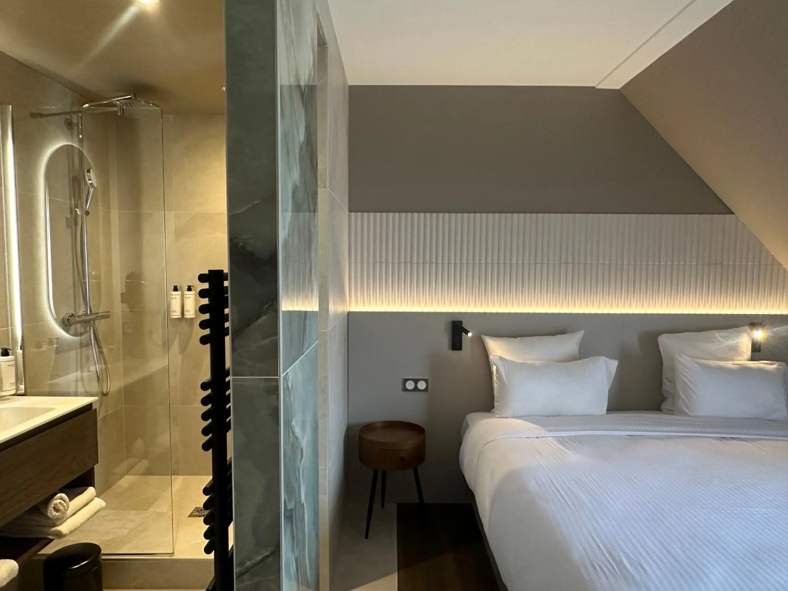 Shower, Bed in James Vignoble Hôtel, Eguisheim