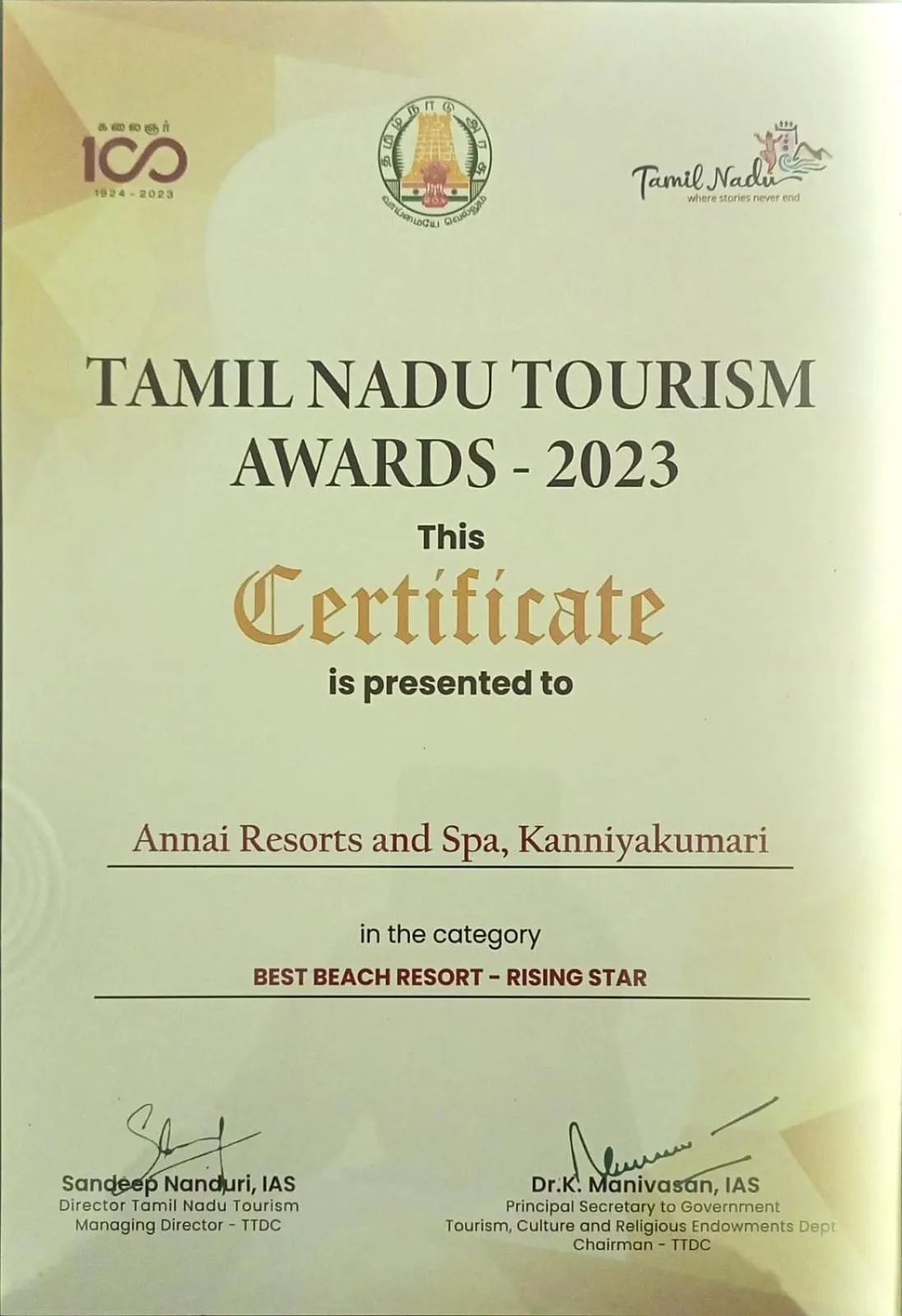 Certificate/Award in Annai Resorts & Spa