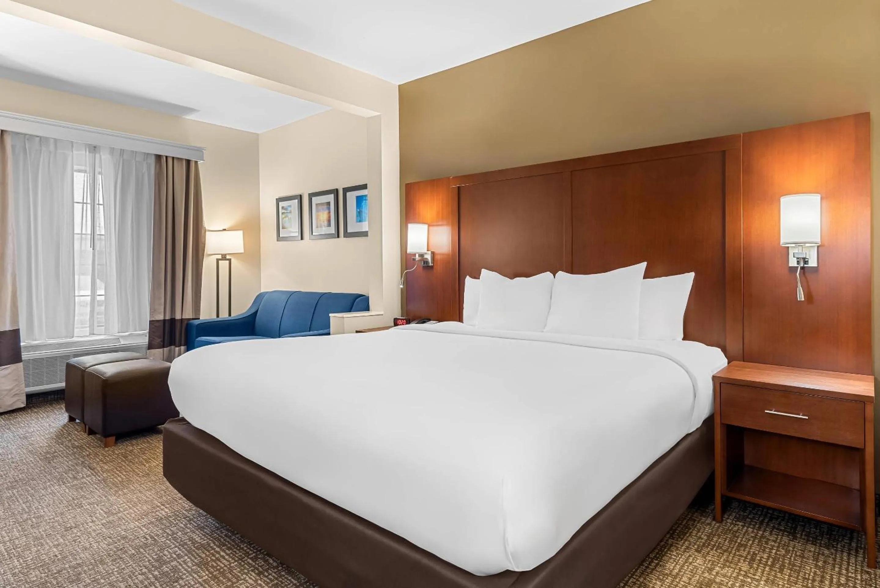 Seating area, Bed in Comfort Suites near Camp Lejeune