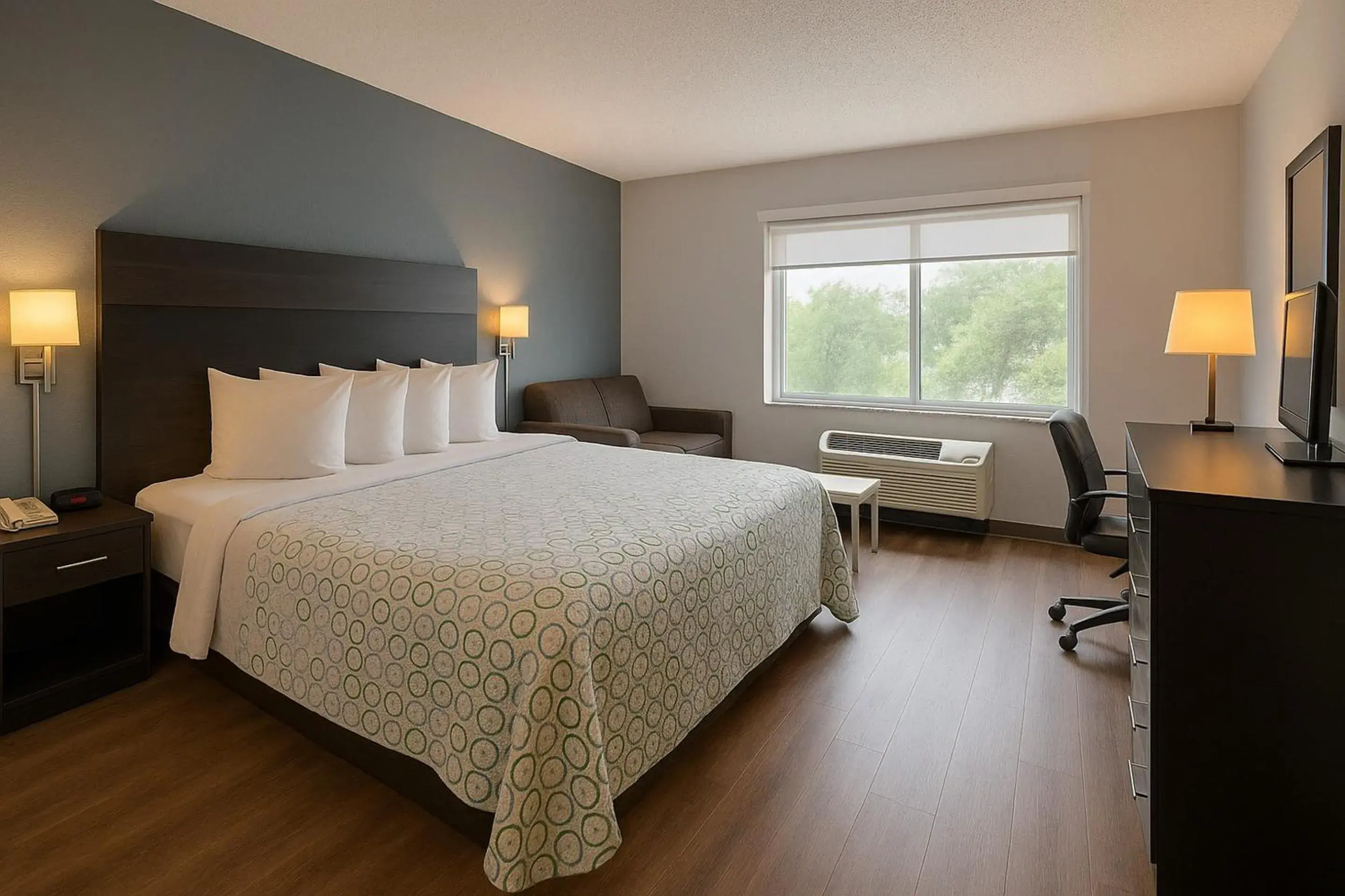 Standard King Room with Sofa Bed, Microwave & Refrigerator Non-Smoking in HomeTown Inn by Red Roof East Syracuse Standard King Room with Sofa Bed, Microwave & Refrigerator Non-Smoking in HomeTown Inn by Red Roof East Syracuse