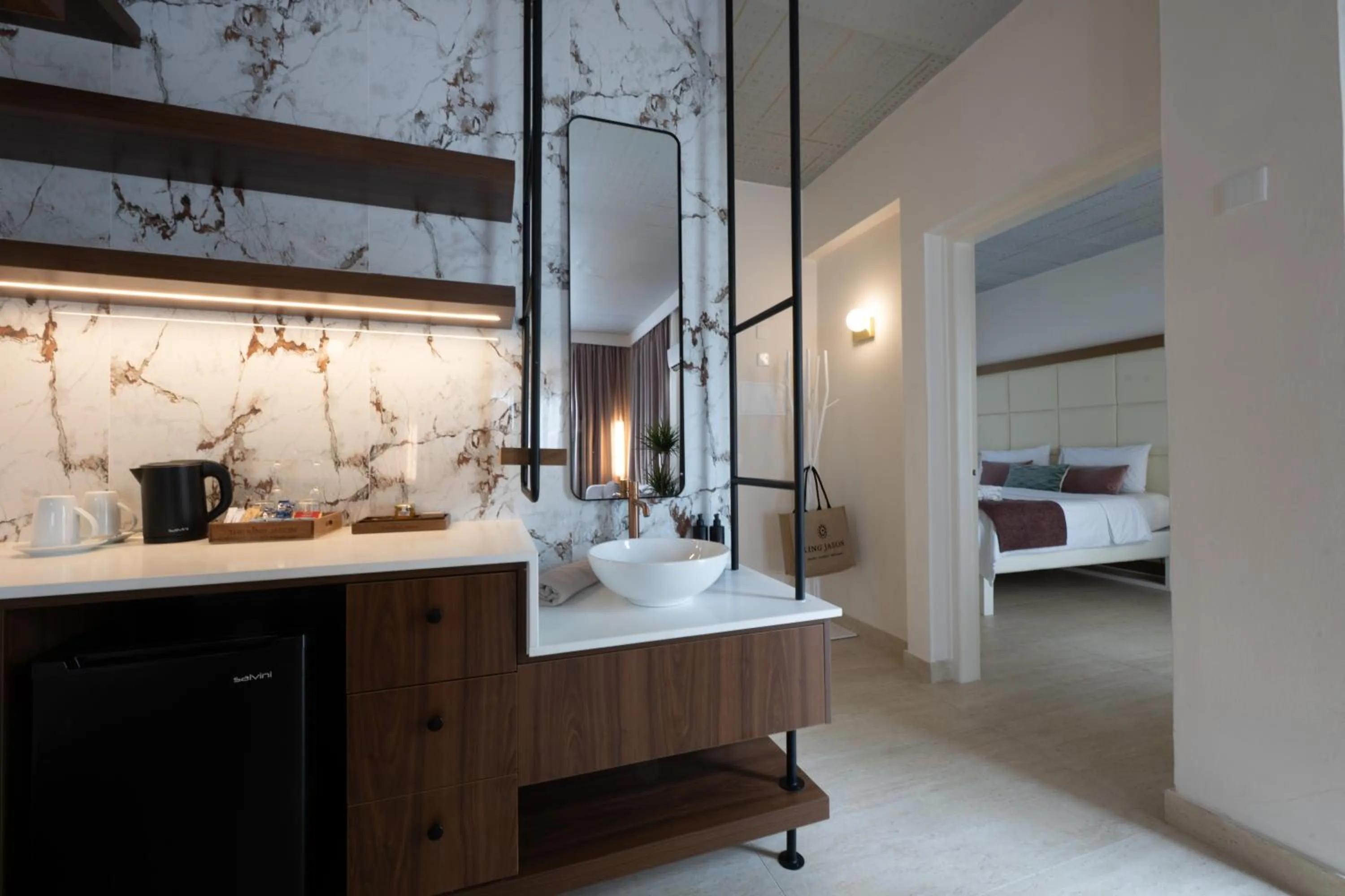 Coffee/tea facilities, Bed in King Jason Paphos - Designed for Adults by Louis Hotels