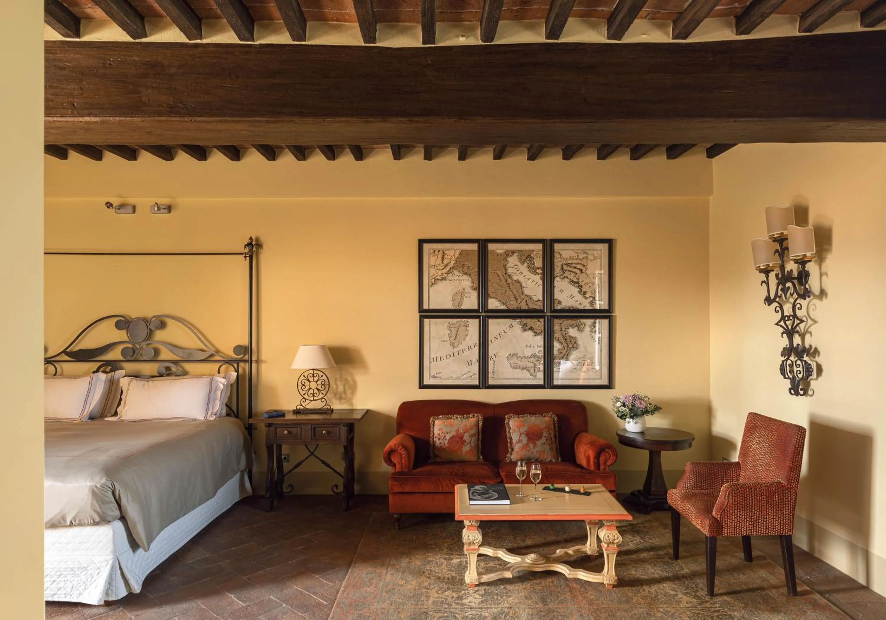 Living room, Bed in Castello di Casole, A Belmond Hotel, Tuscany