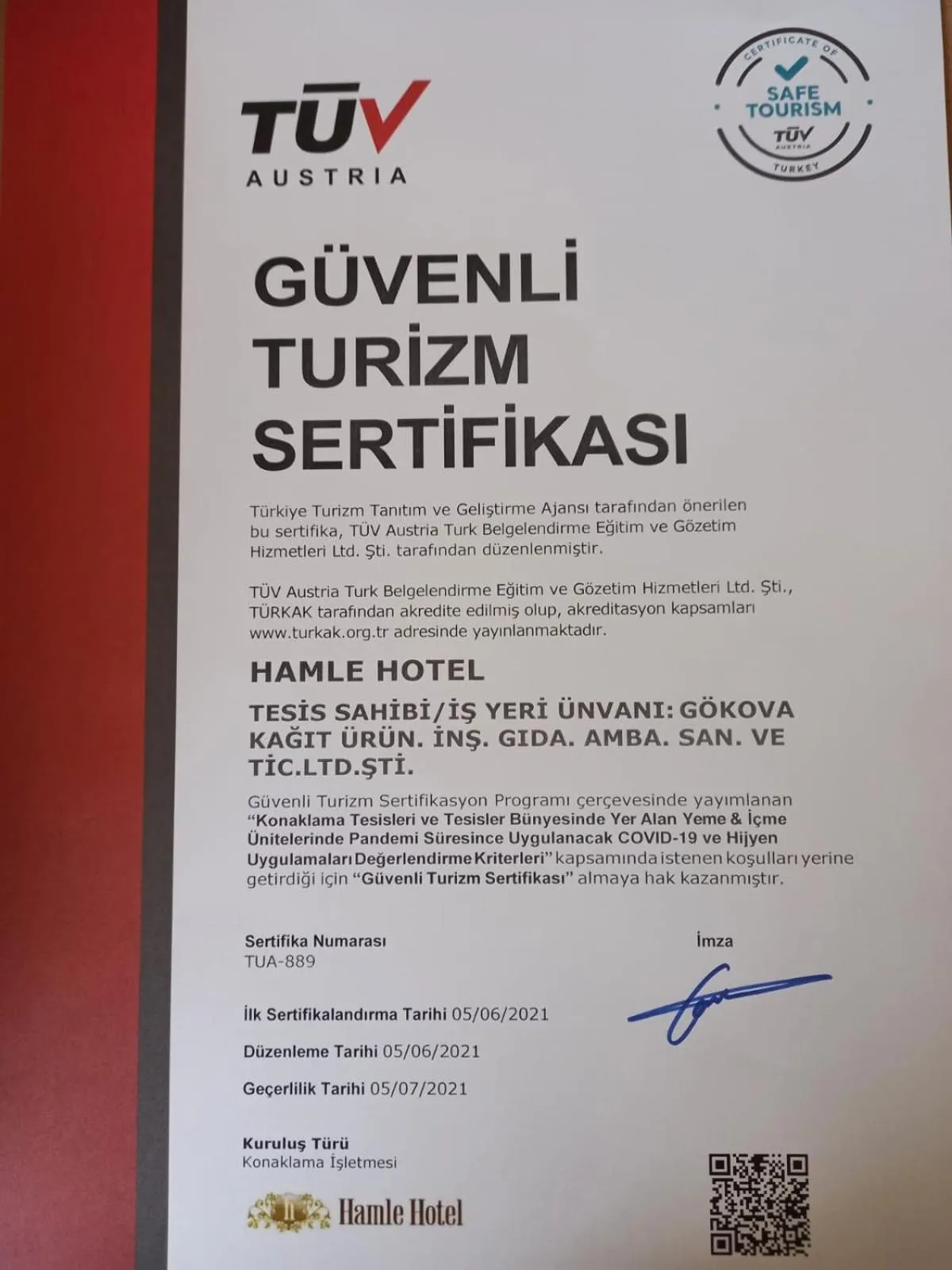 Certificate/Award in Hamle Hotel