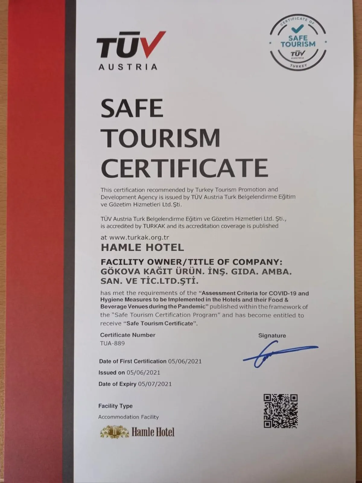 Certificate/Award in Hamle Hotel