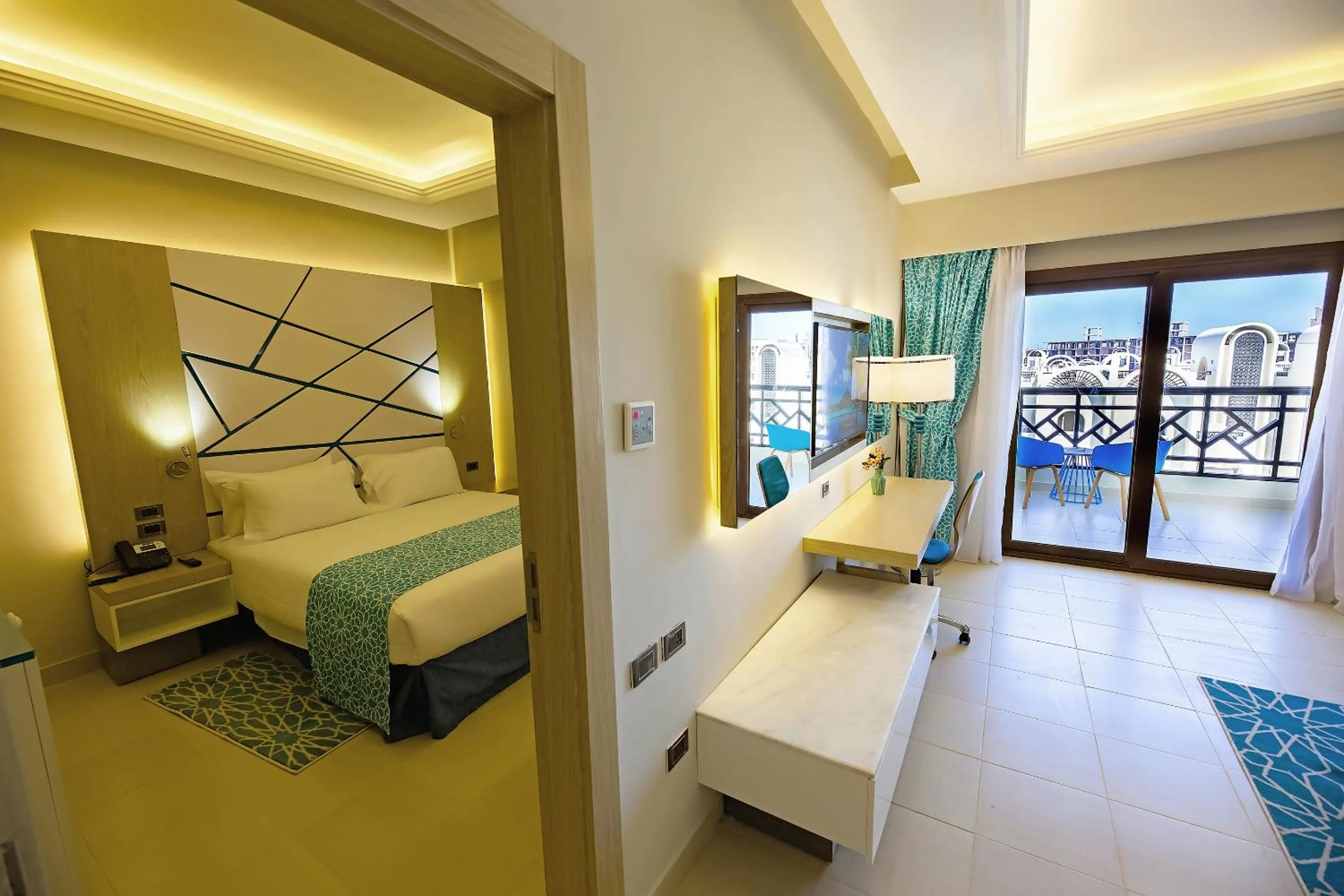 View (from property/room), Bed in Gravity Hotel & Aqua Park Sahl Hasheesh Families and Couples Only
