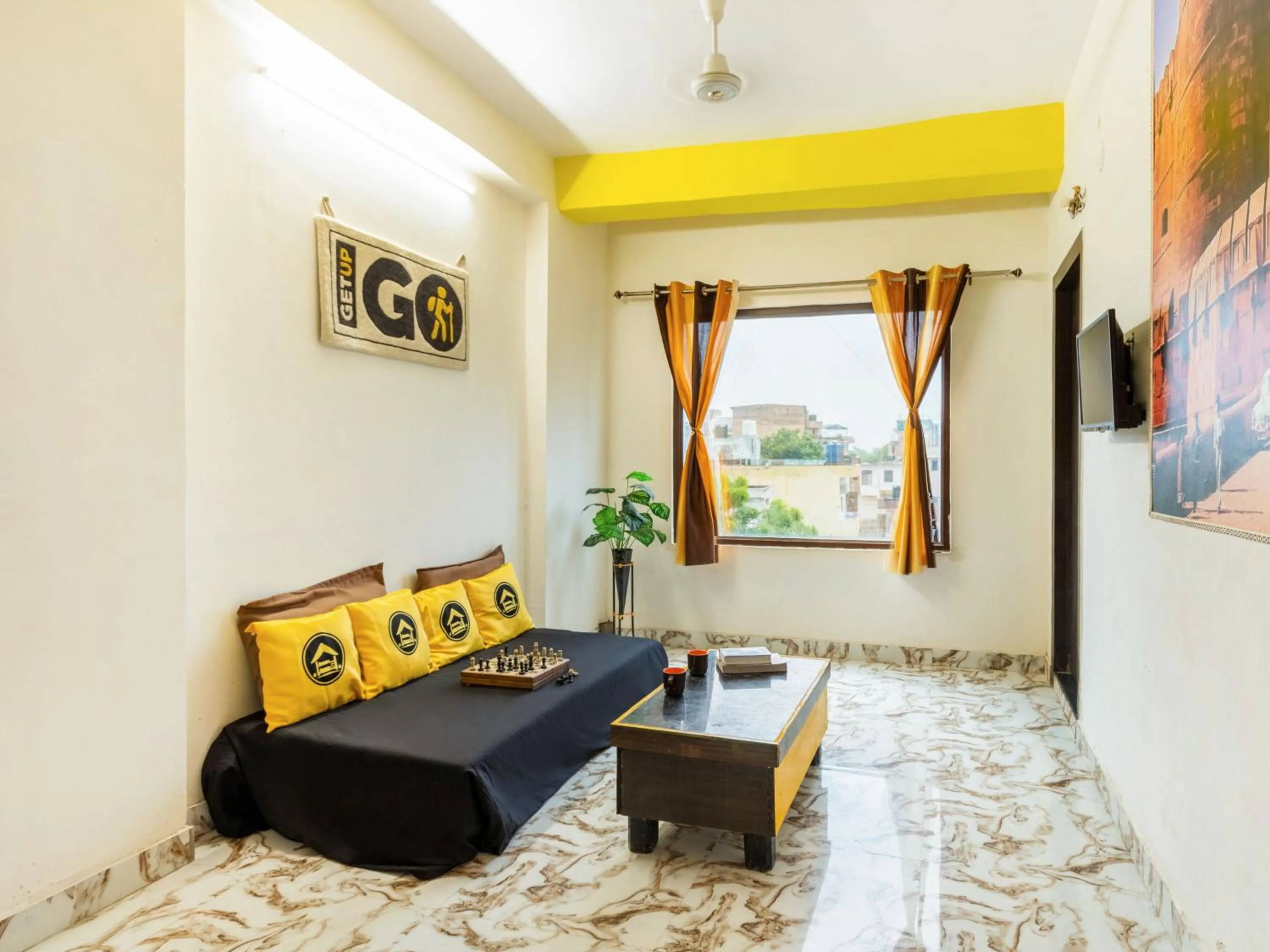 Seating area in The Hosteller Agra