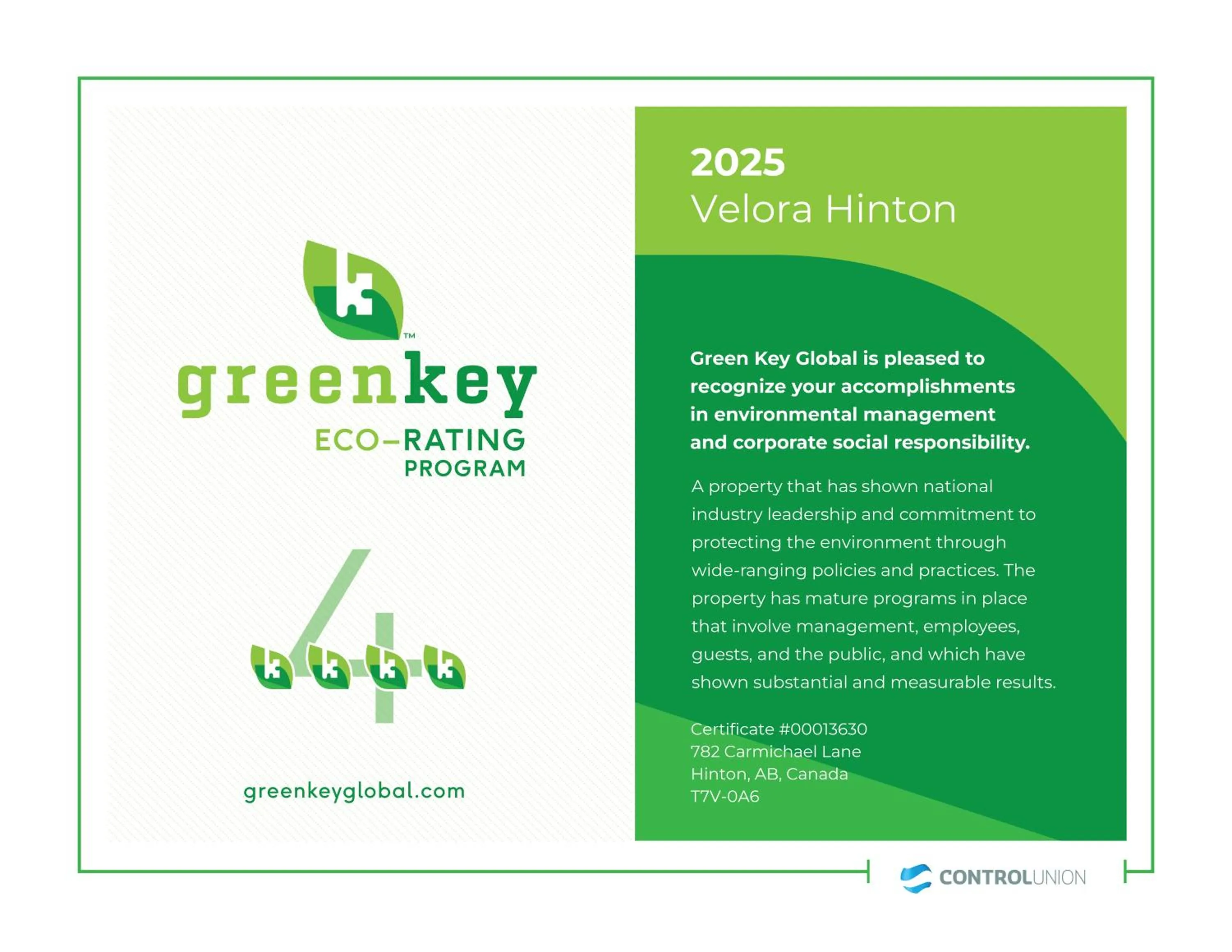 Certificate/Award in Velora Hinton, an Ascend Collection Hotel