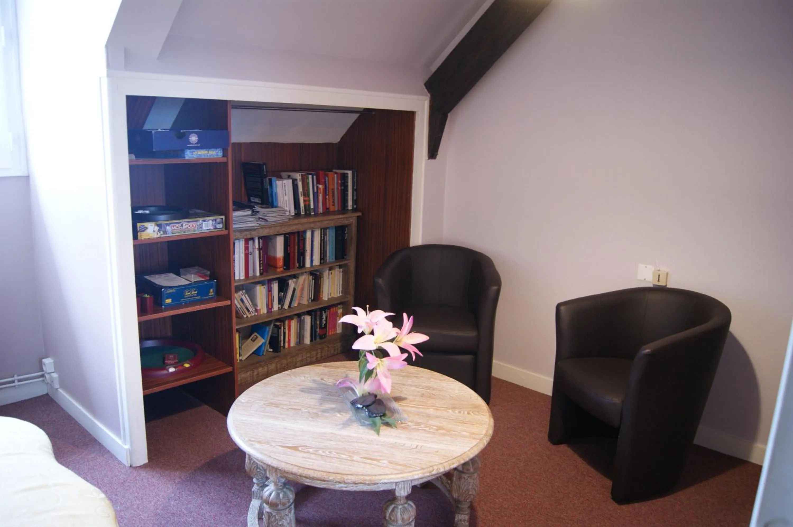 Communal lounge/ TV room, Library in Hotel de L'Europe, La Roche-Posay