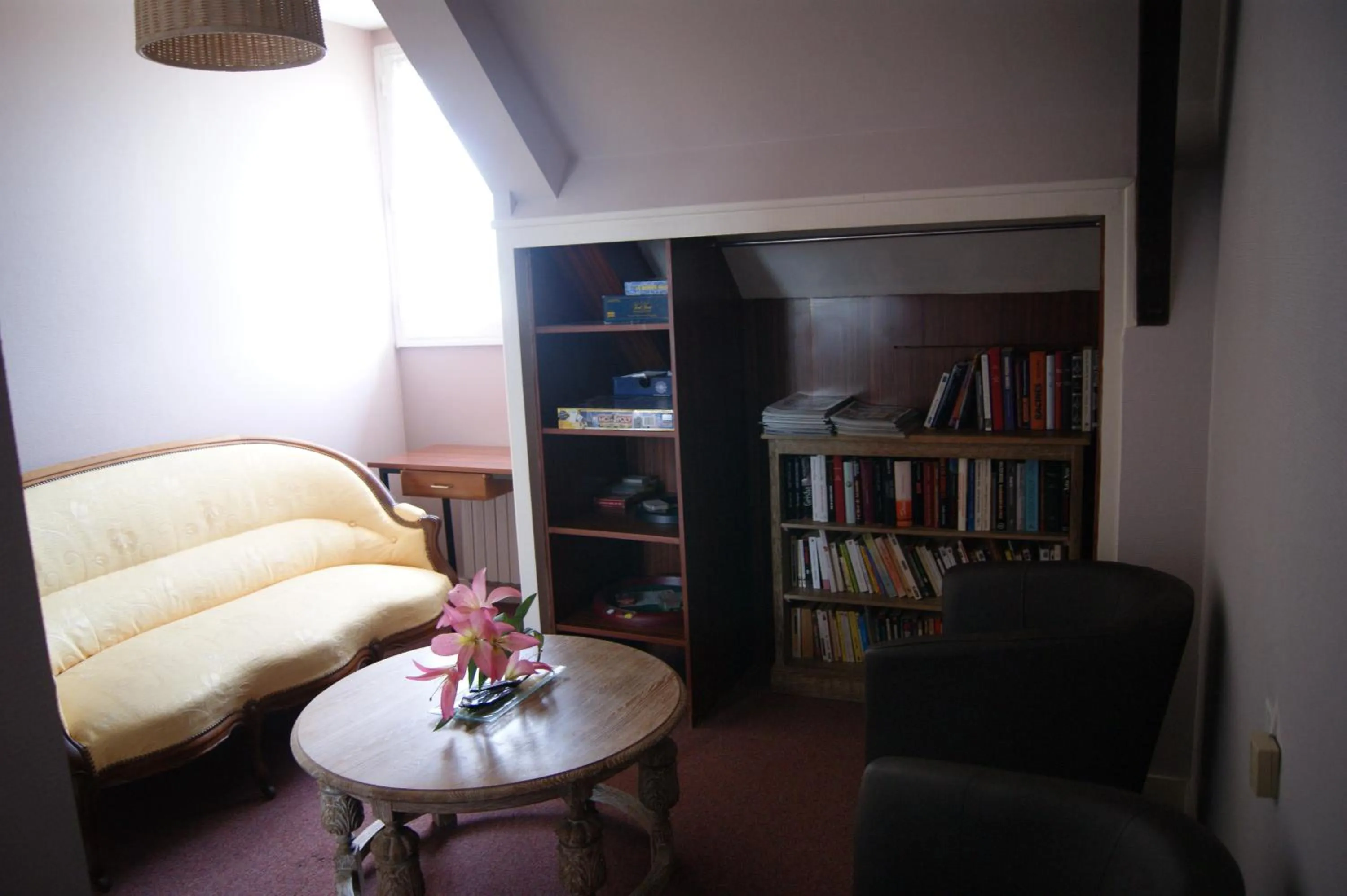 Communal lounge/ TV room, Library in Hotel de L'Europe, La Roche-Posay