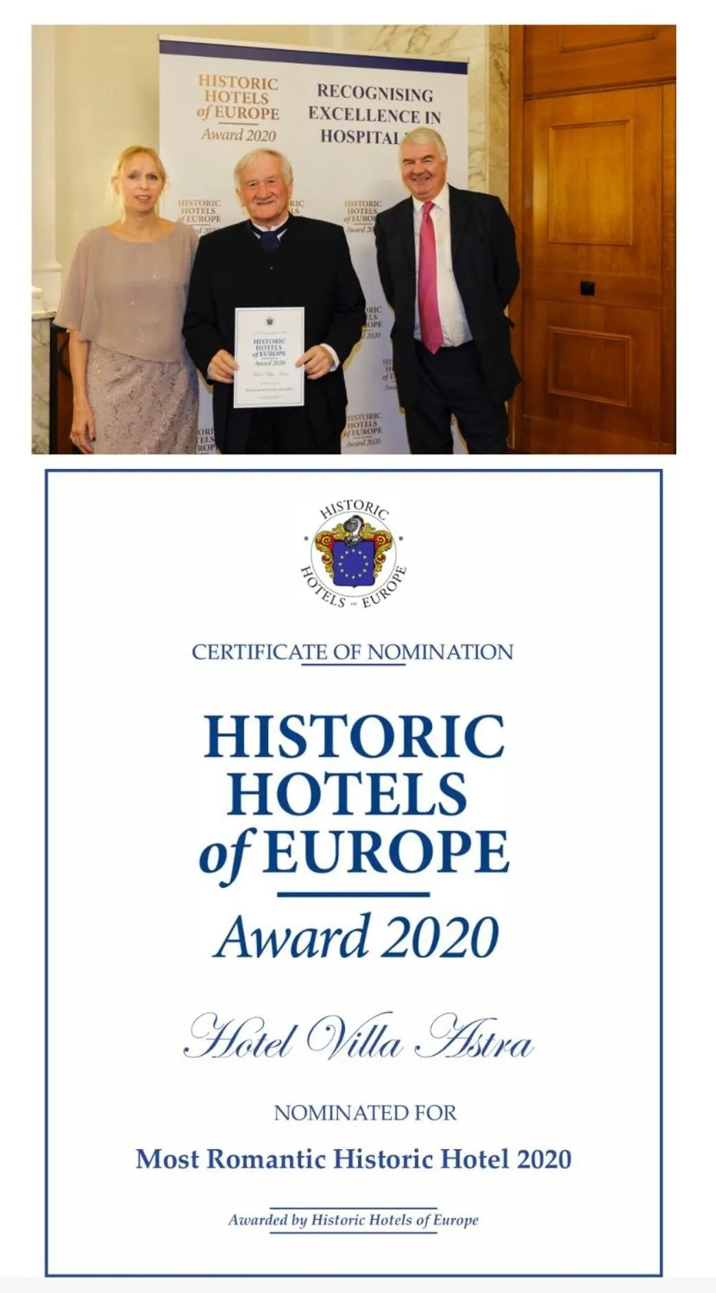 Certificate/Award in Hotel Villa Astra