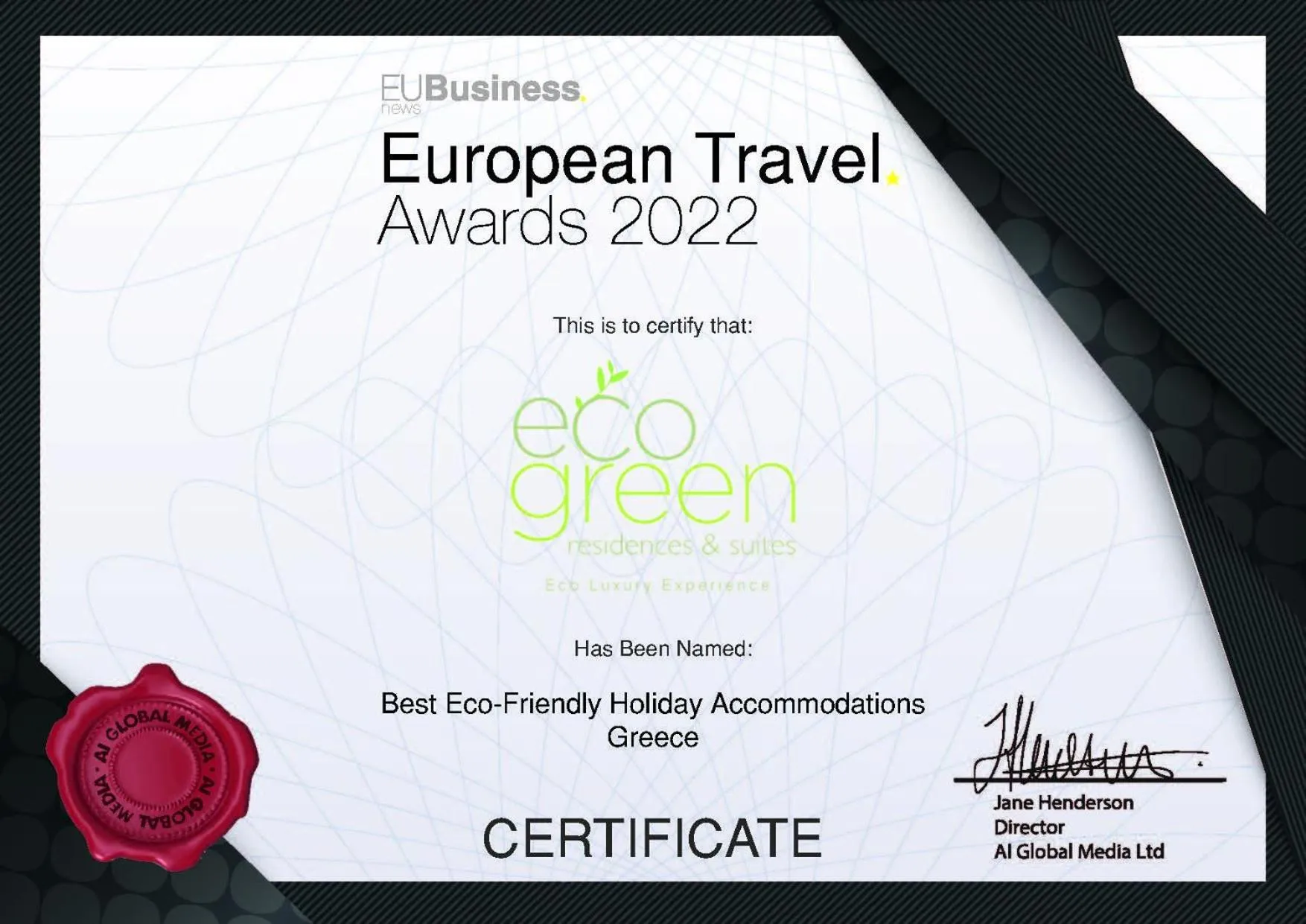 Certificate/Award in Eco Green Residences & Suites