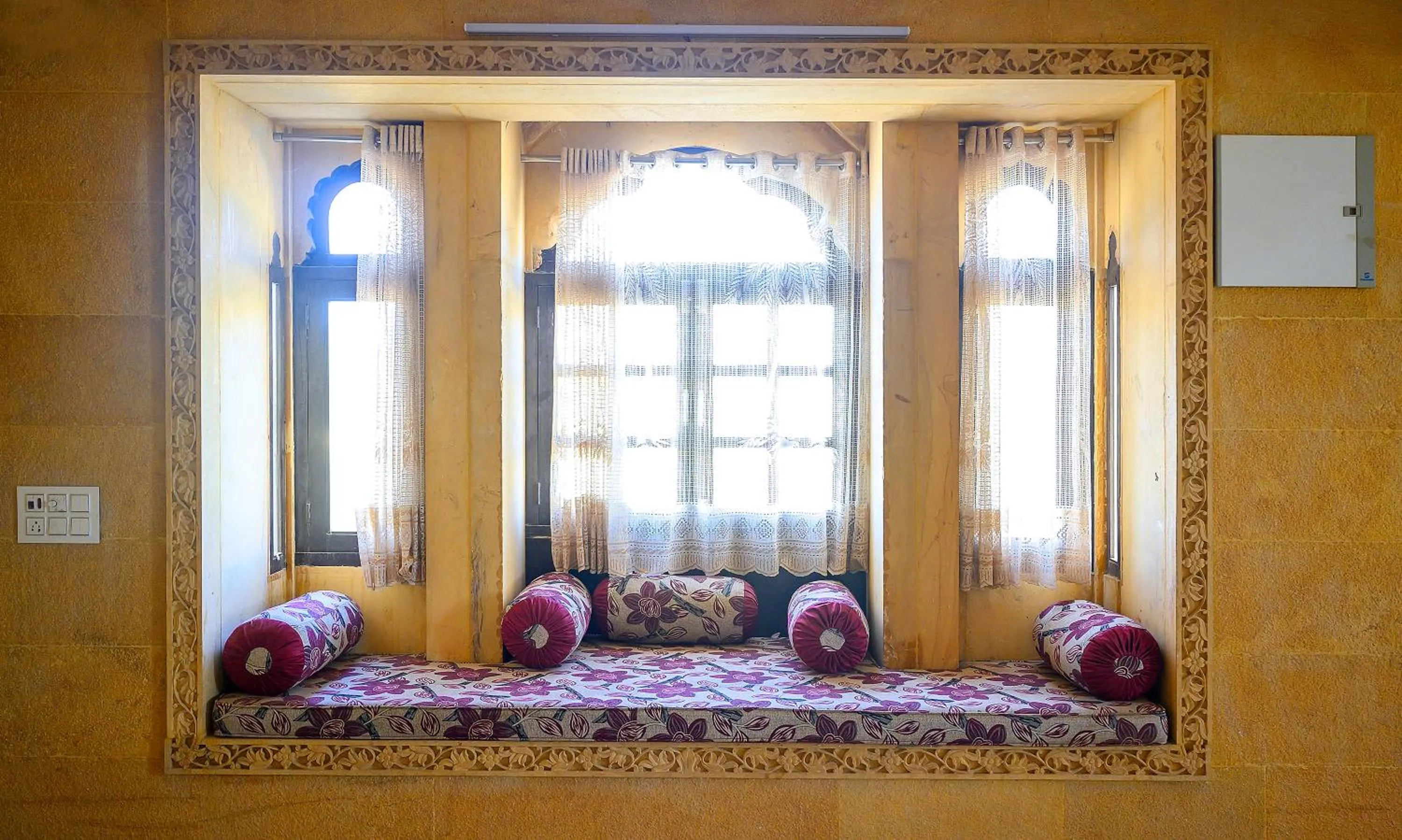 Seating area, Bed in Hotel Sky Plaza - Best ever view of Jaisalmer Fort
