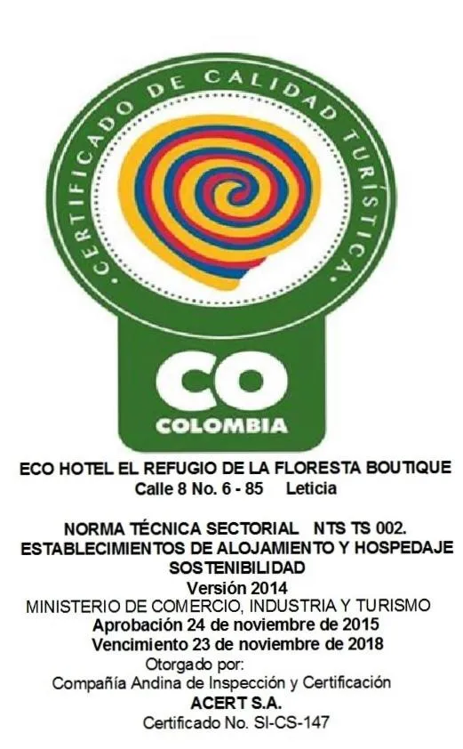 Certificate/Award in Eco Hotel El Refugio Boutique