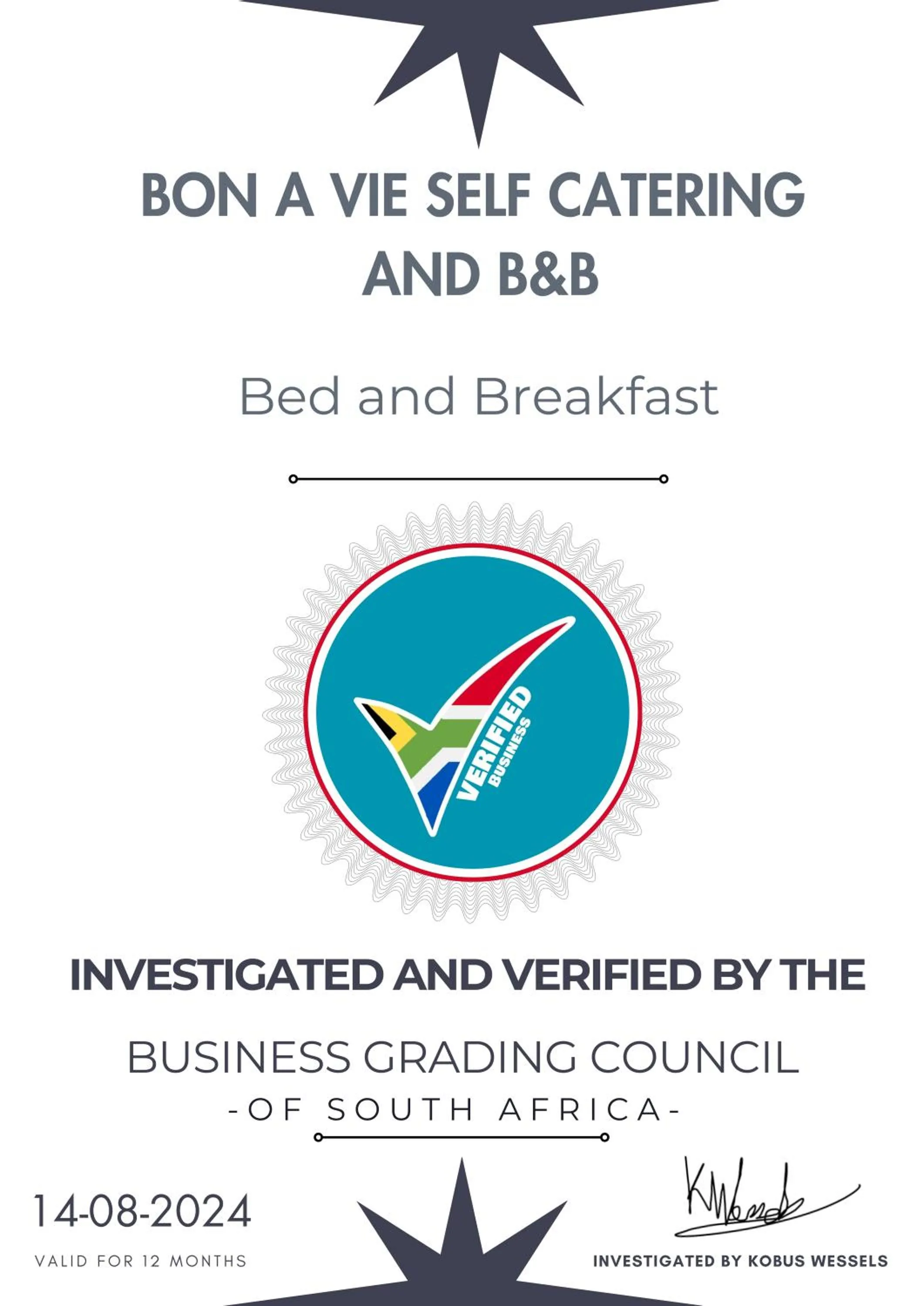 Logo/Certificate/Sign in Bon A Vie Self-catering and b&b Gonubie Full Solar Power, no load shedding!