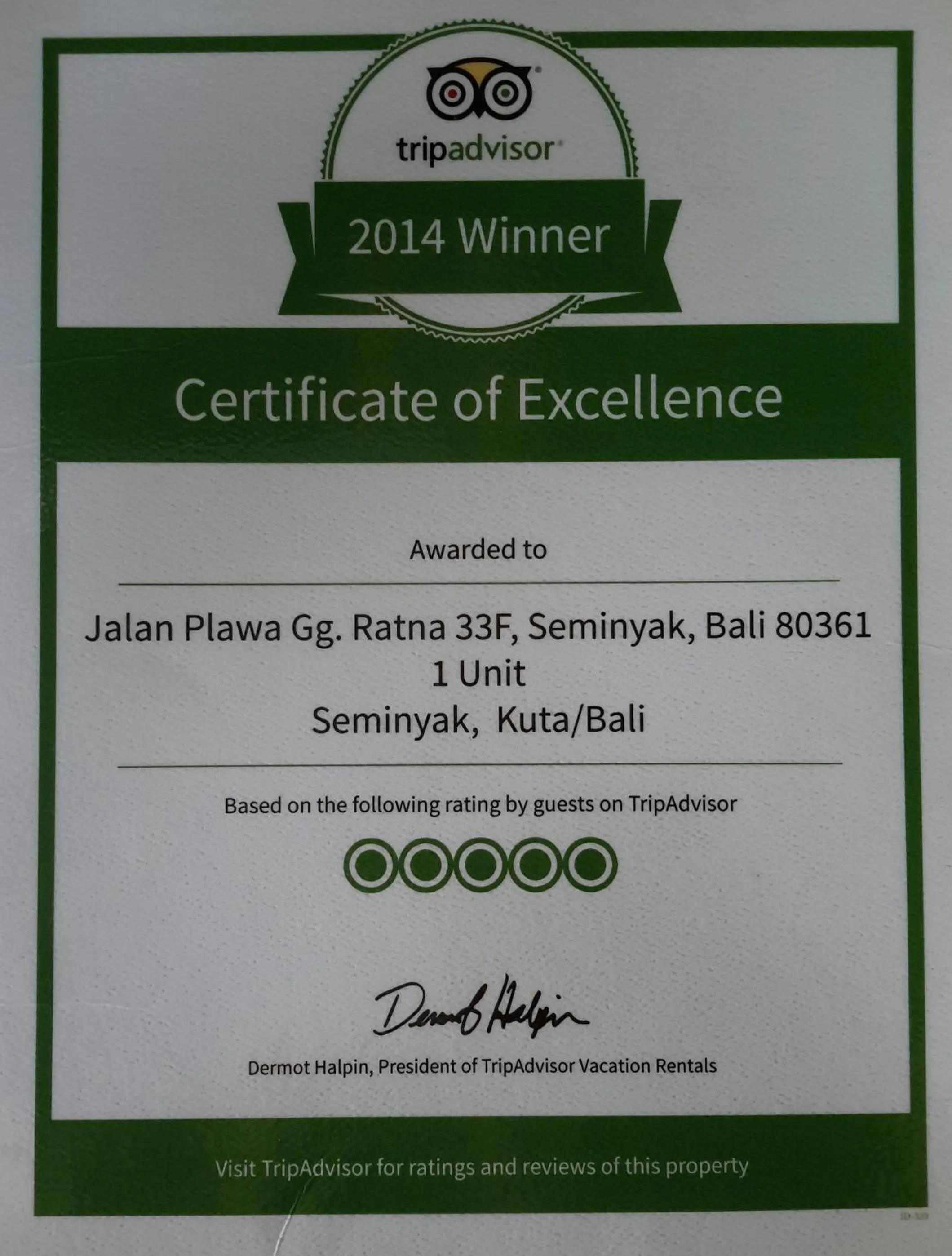 Certificate/Award in Villa Plawa Asri