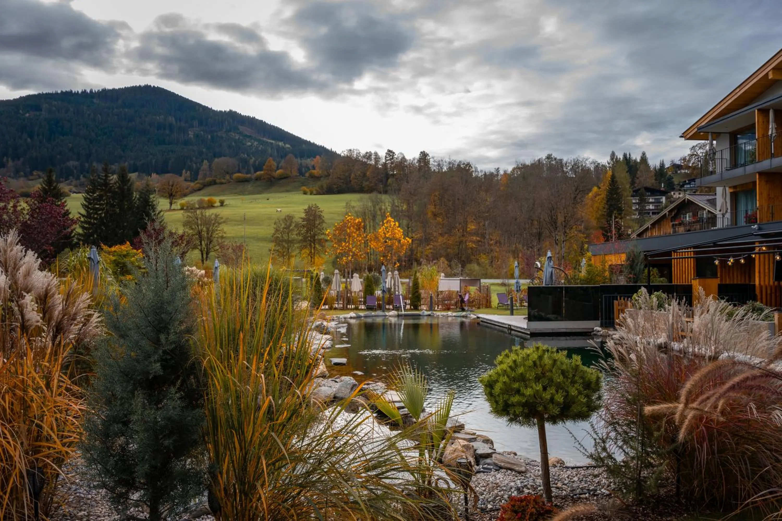 Mountain view in Wellness und Brunch Hotel MorgenZeit beheizter Naturteich Genuss Frühstück bis 13 Uhr Hochkönig Sommercard