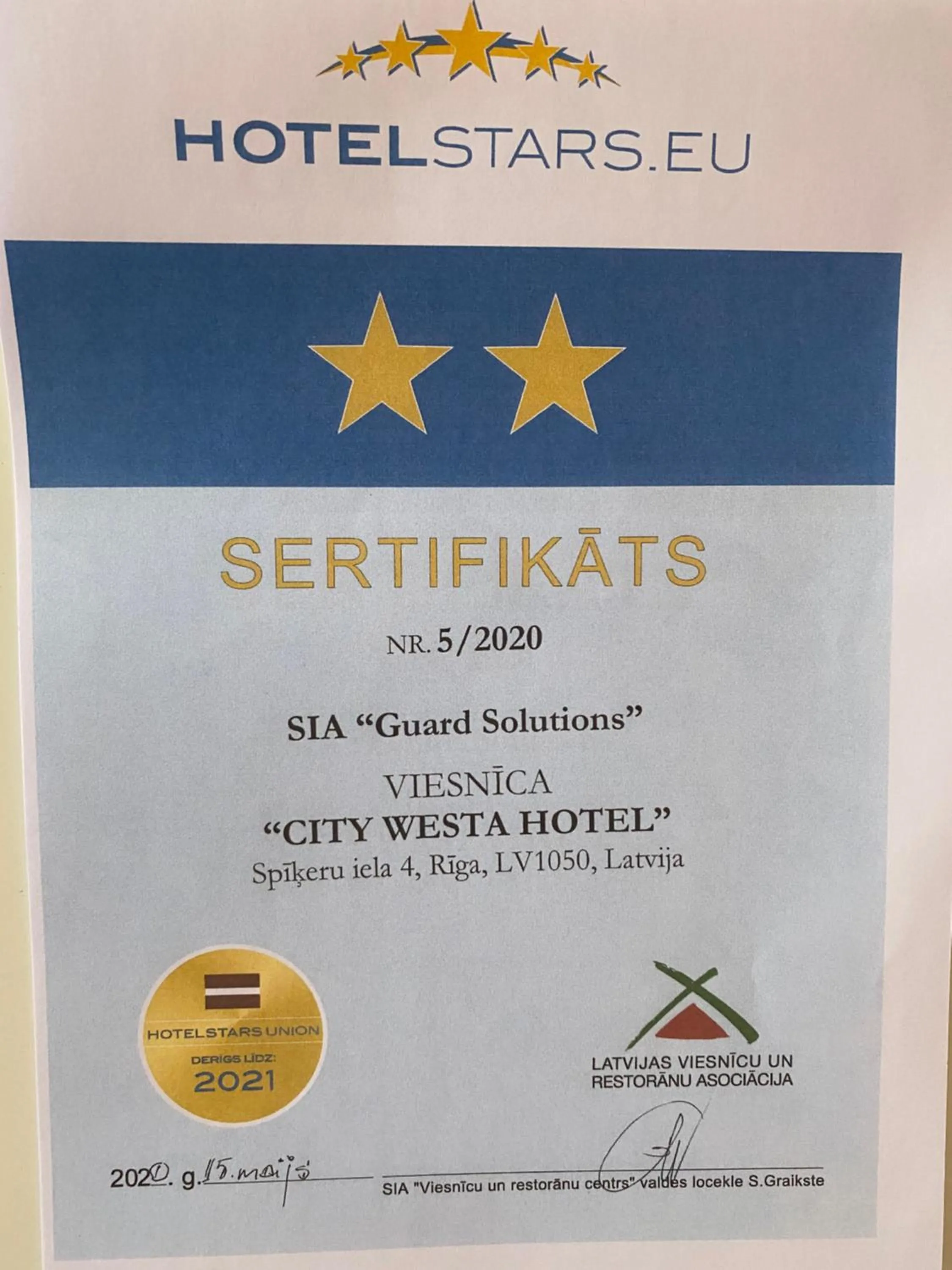 Certificate/Award in City Westa Hotel