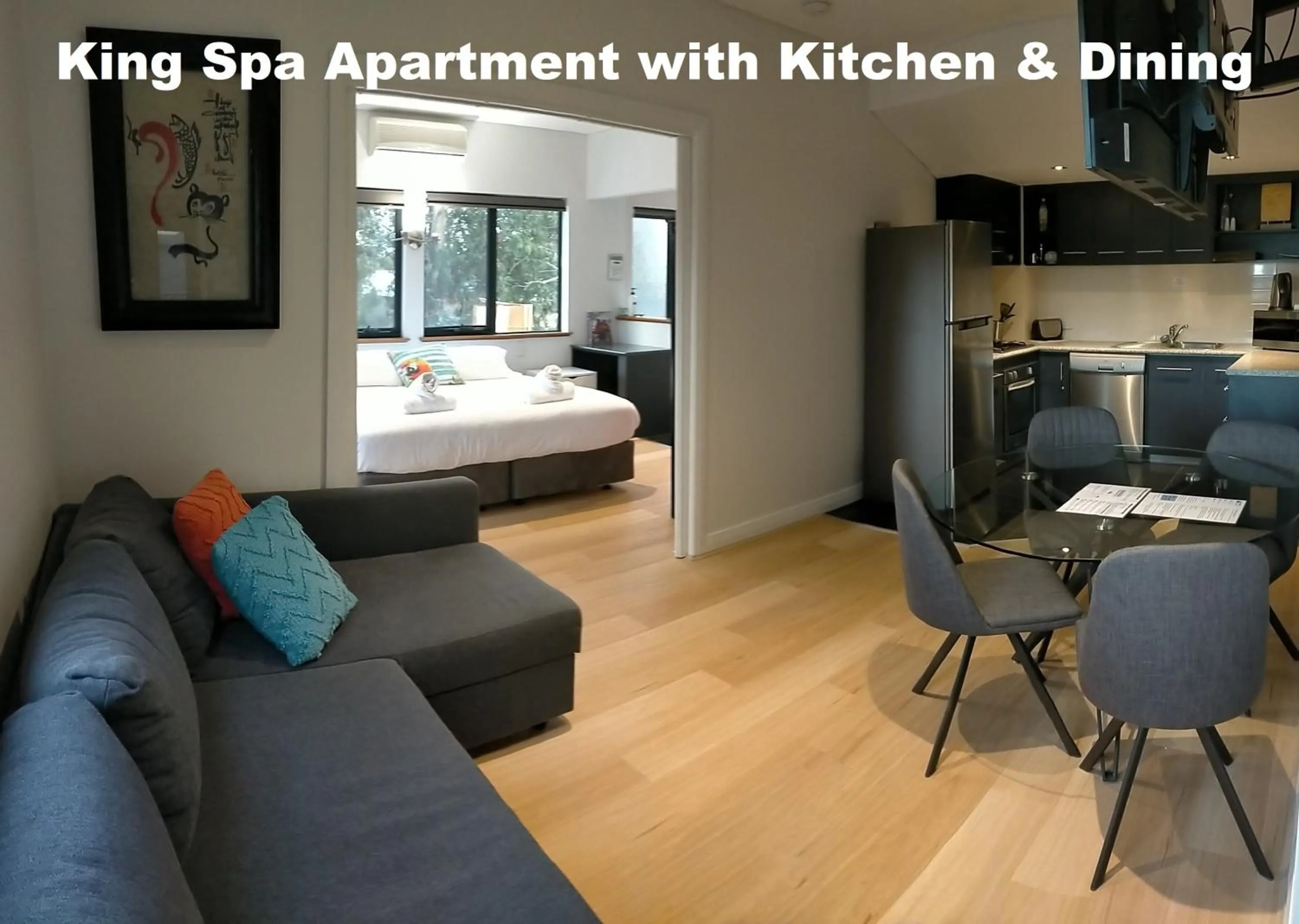 Kitchen or kitchenette, Bed in Dunsborough Bay Village Resort Suites