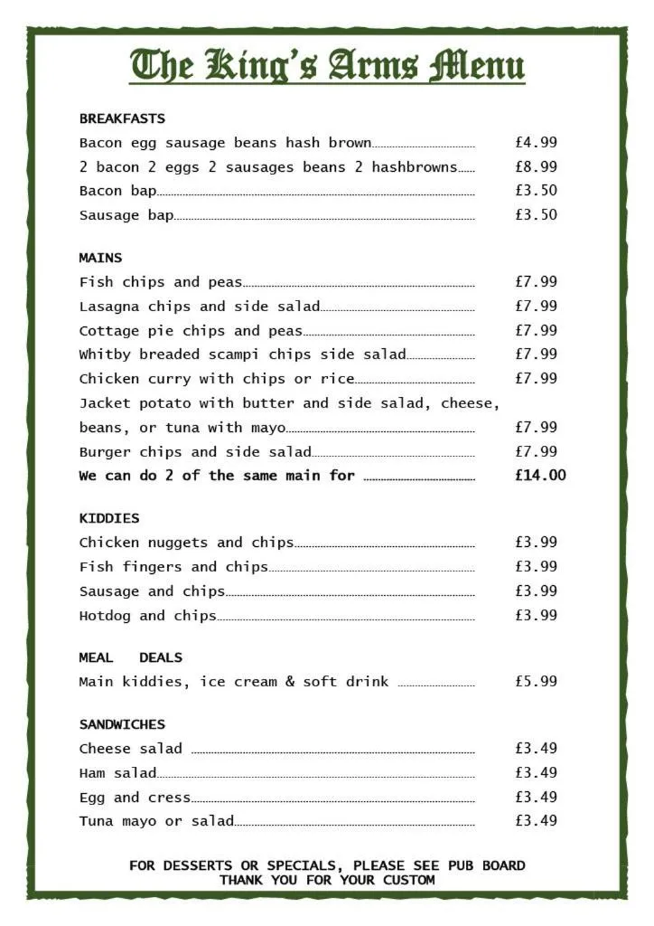 Food and drinks in King's Arms
