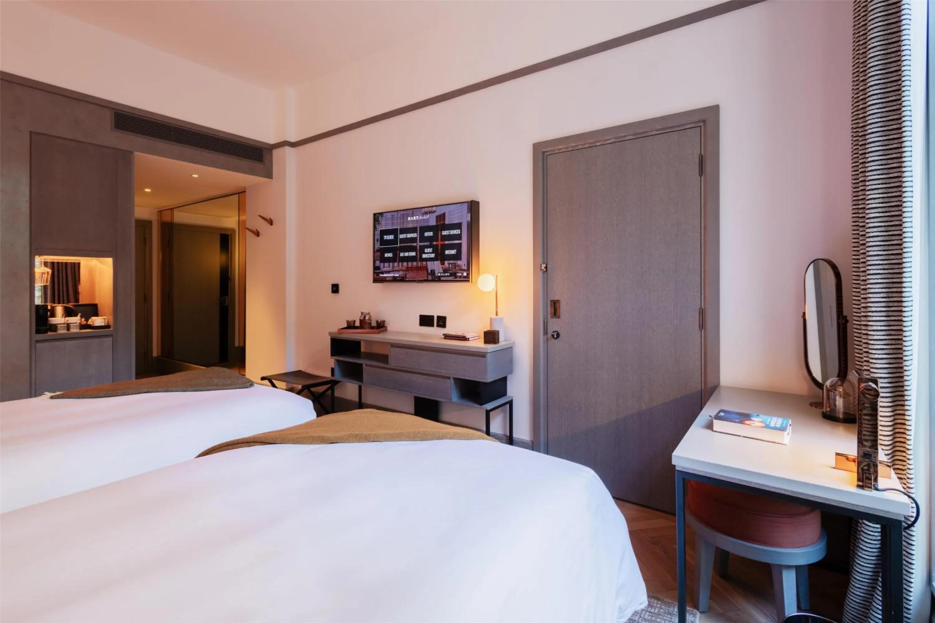 Bedroom, Bed in Hart Shoreditch Hotel London, Curio Collection by Hilton