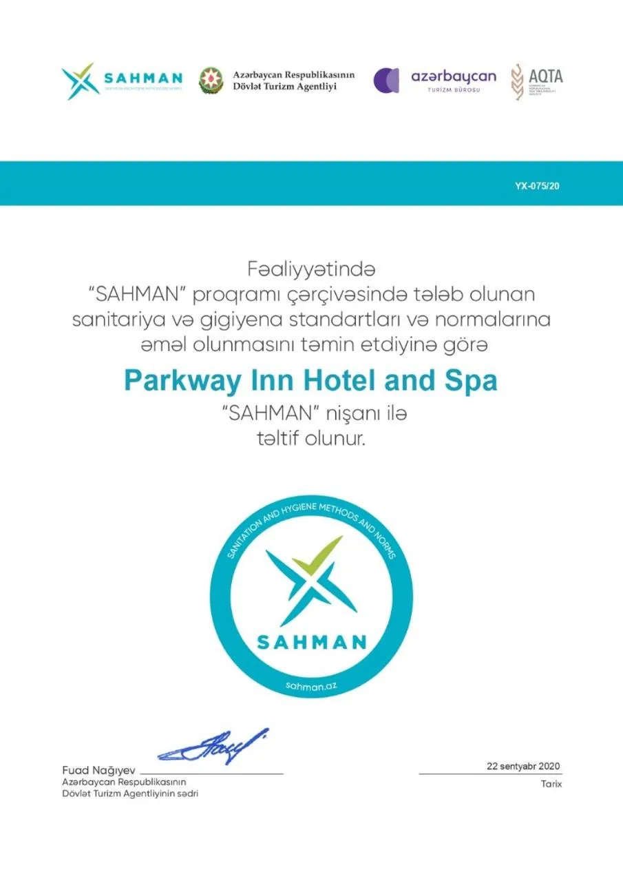 Certificate/Award in Parkway Inn Hotel & Spa