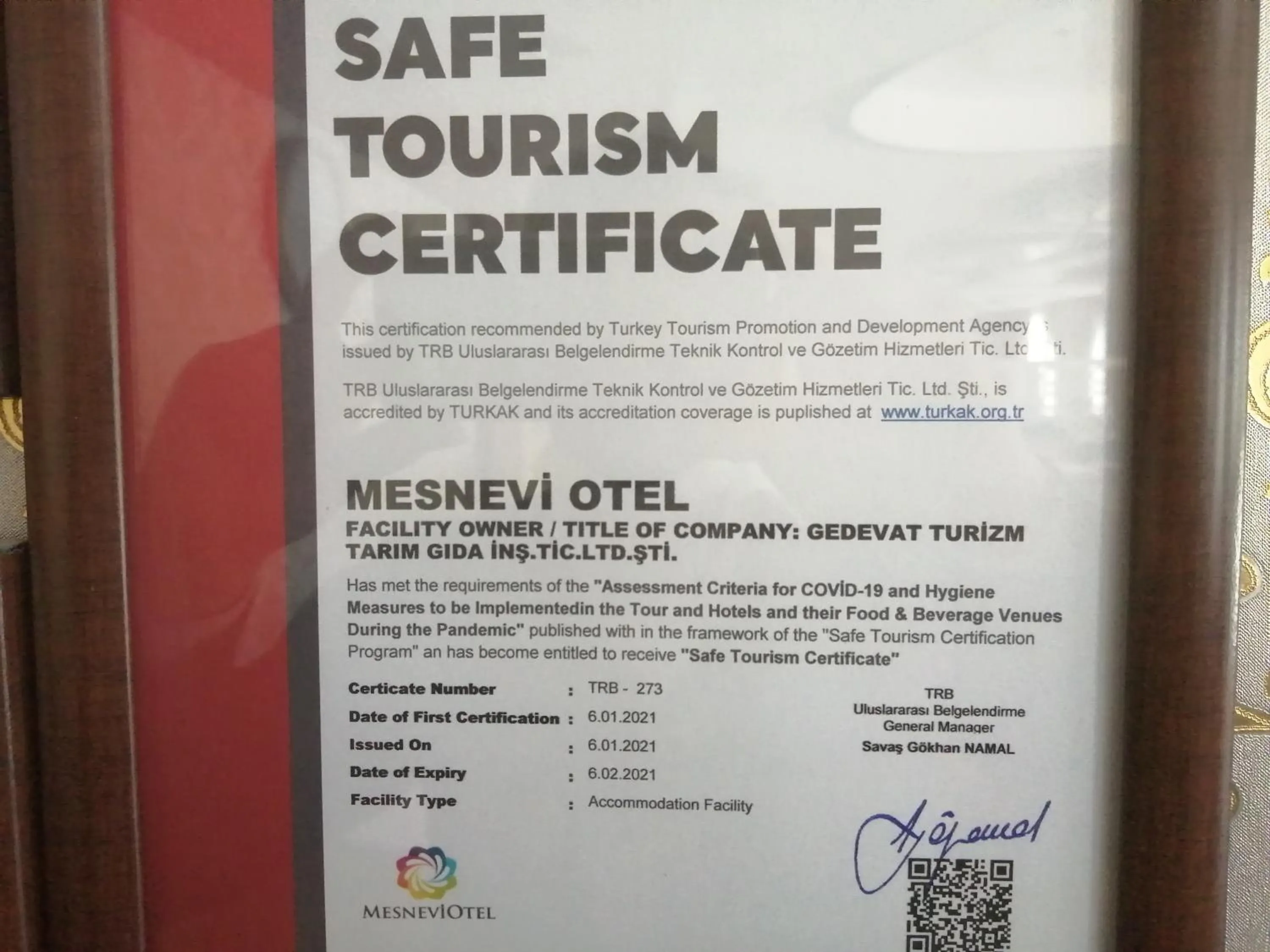 Certificate/Award in Mesnevi Hotel
