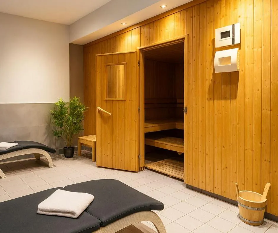 Sauna, Bed in Plaza Hotel & Living Frankfurt
