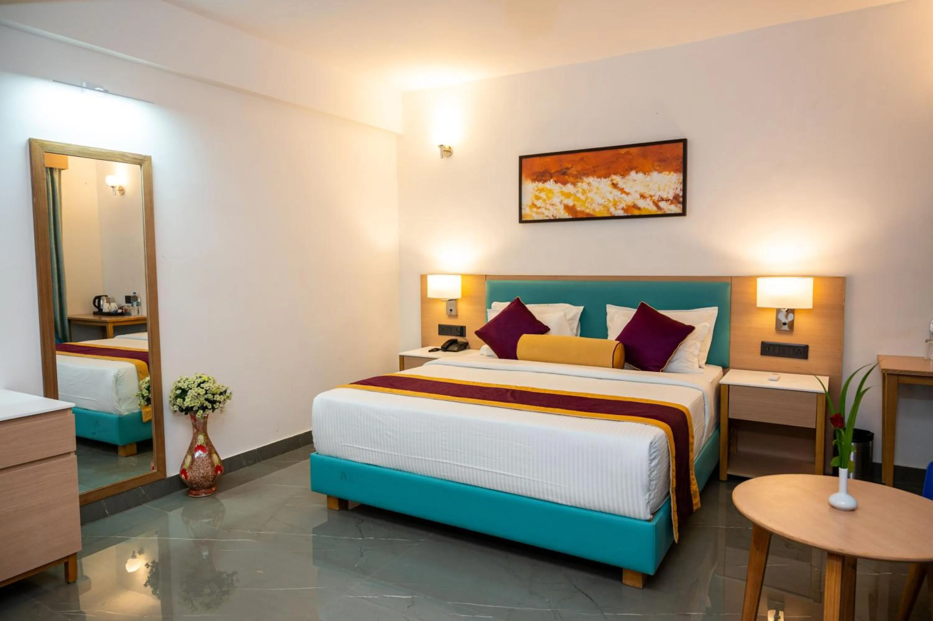 Dining area, Bed in Hotel Meraden Opus , Anjuna Beach Goa