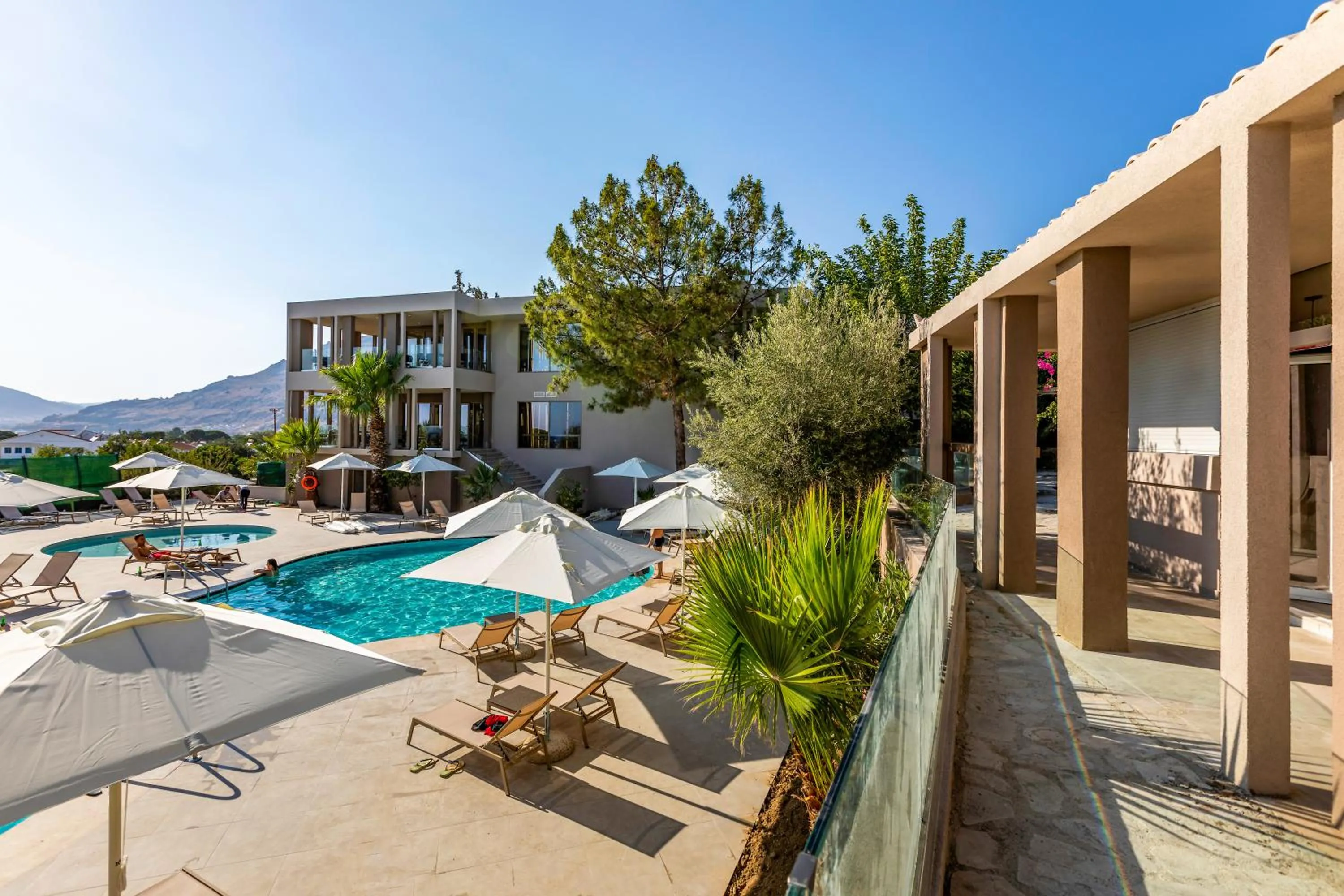 Pool view in White Olive Premium Lindos