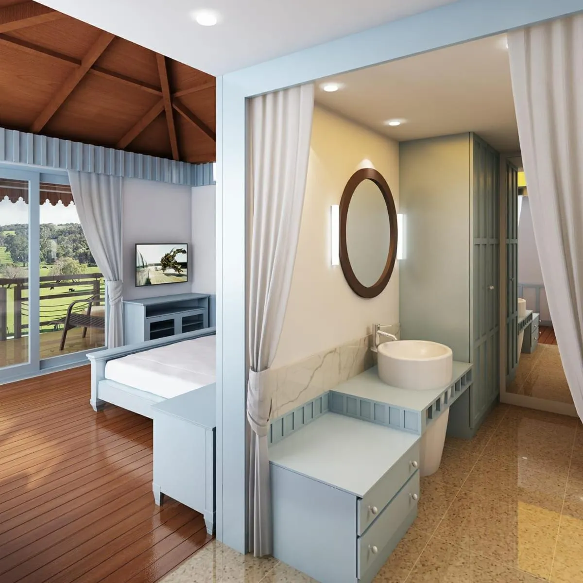 Bathroom, Bed in Symphony Samudra Beachside Jungle Resort And Spa