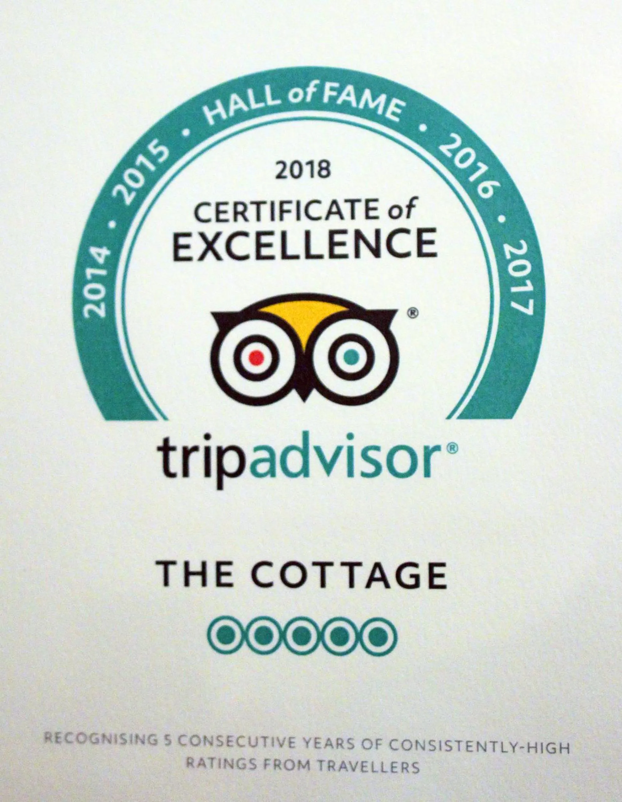 Certificate/Award in The Cottage B&B