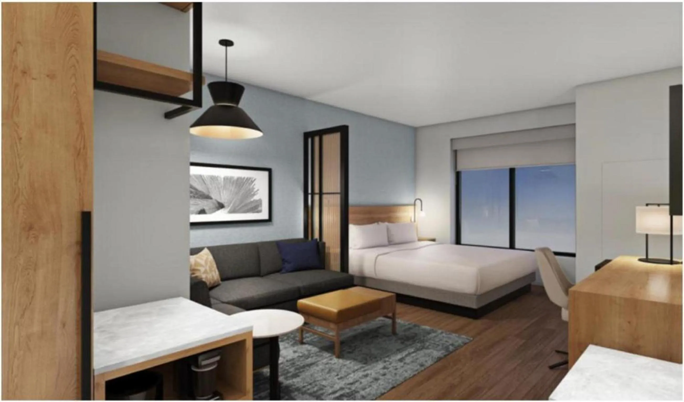 Living room, Bed in Hyatt Place at Wichita State University