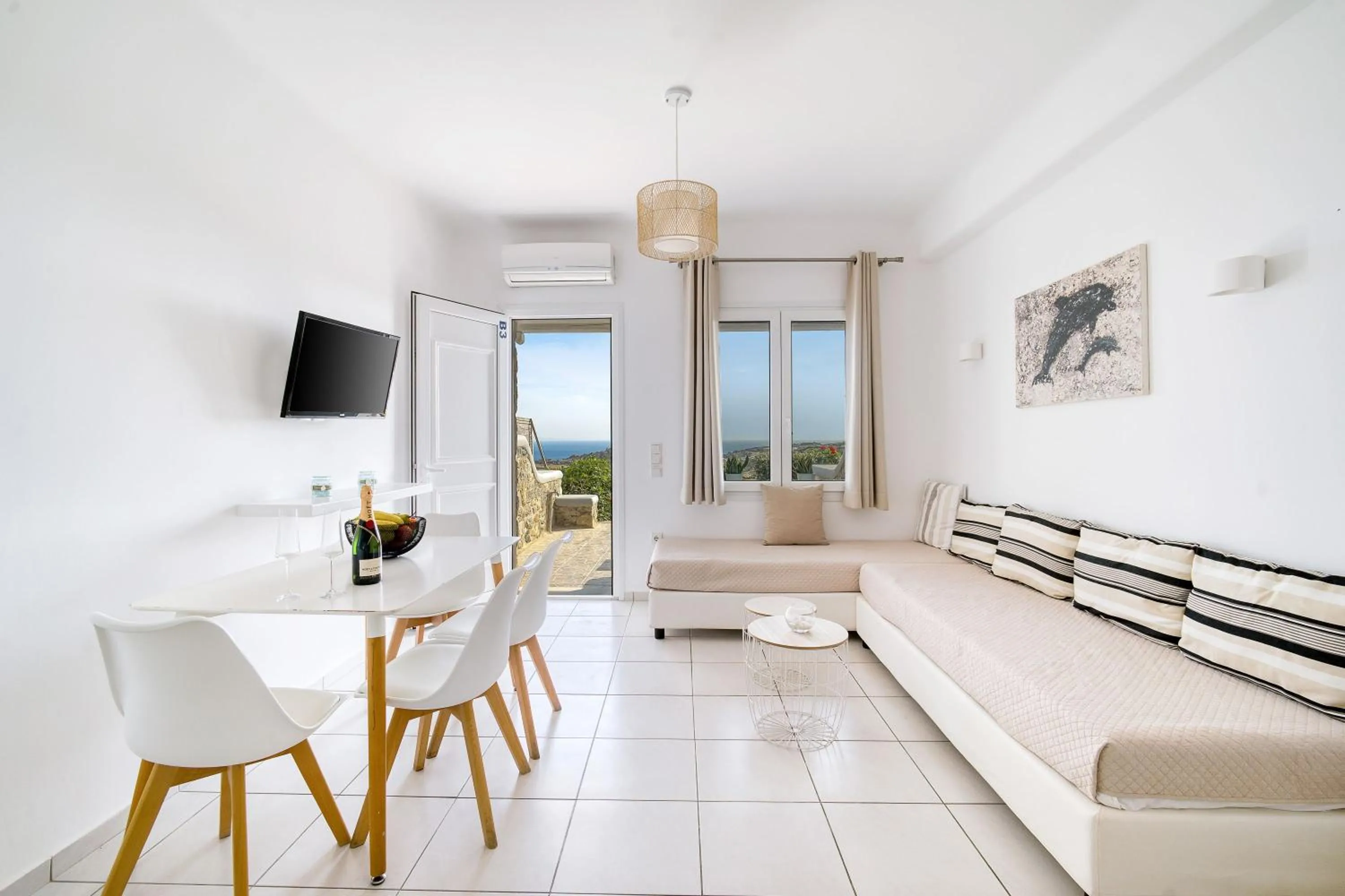 Bed in Overview Mykonos Apartments