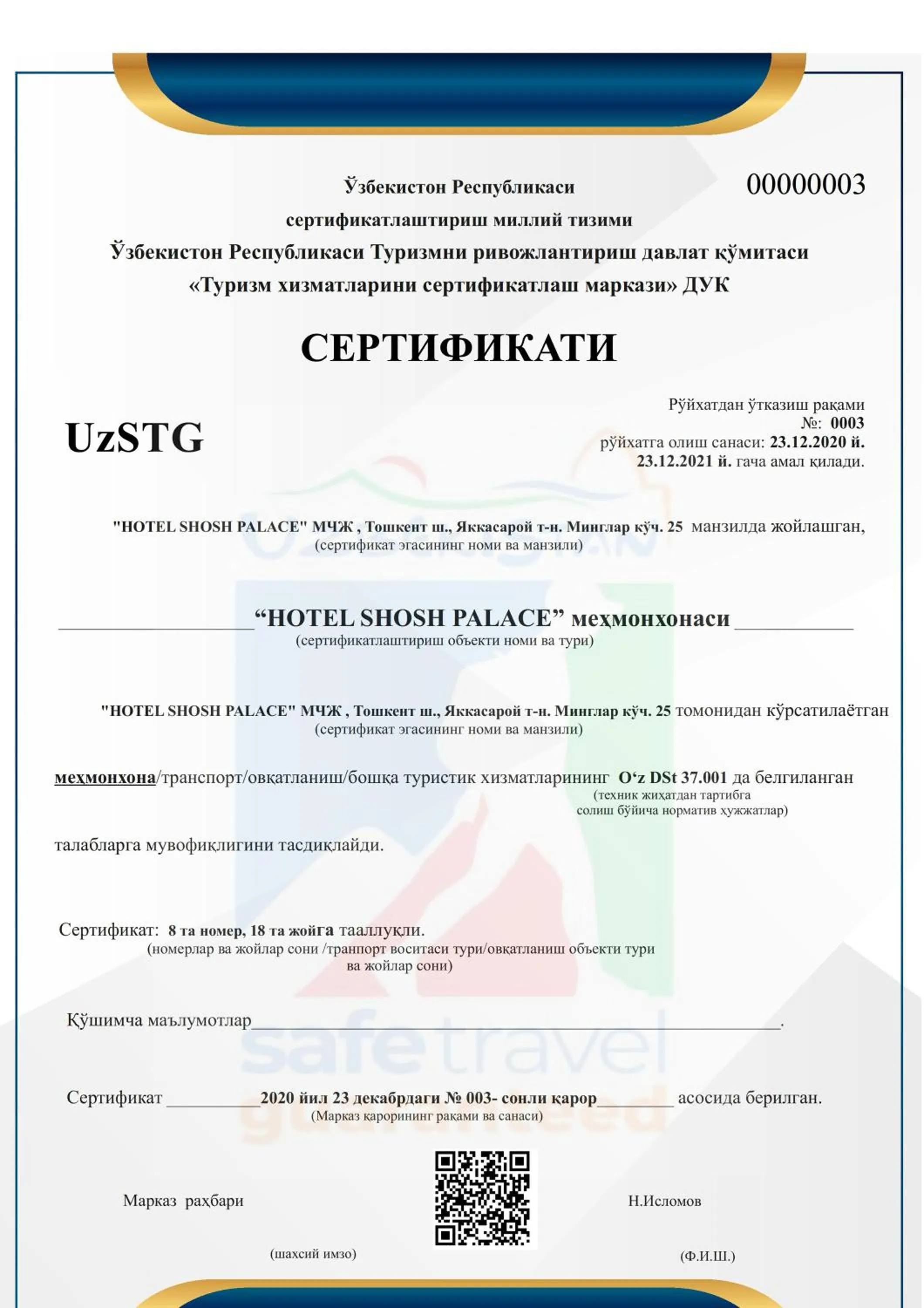 Certificate/Award in Shosh Palace