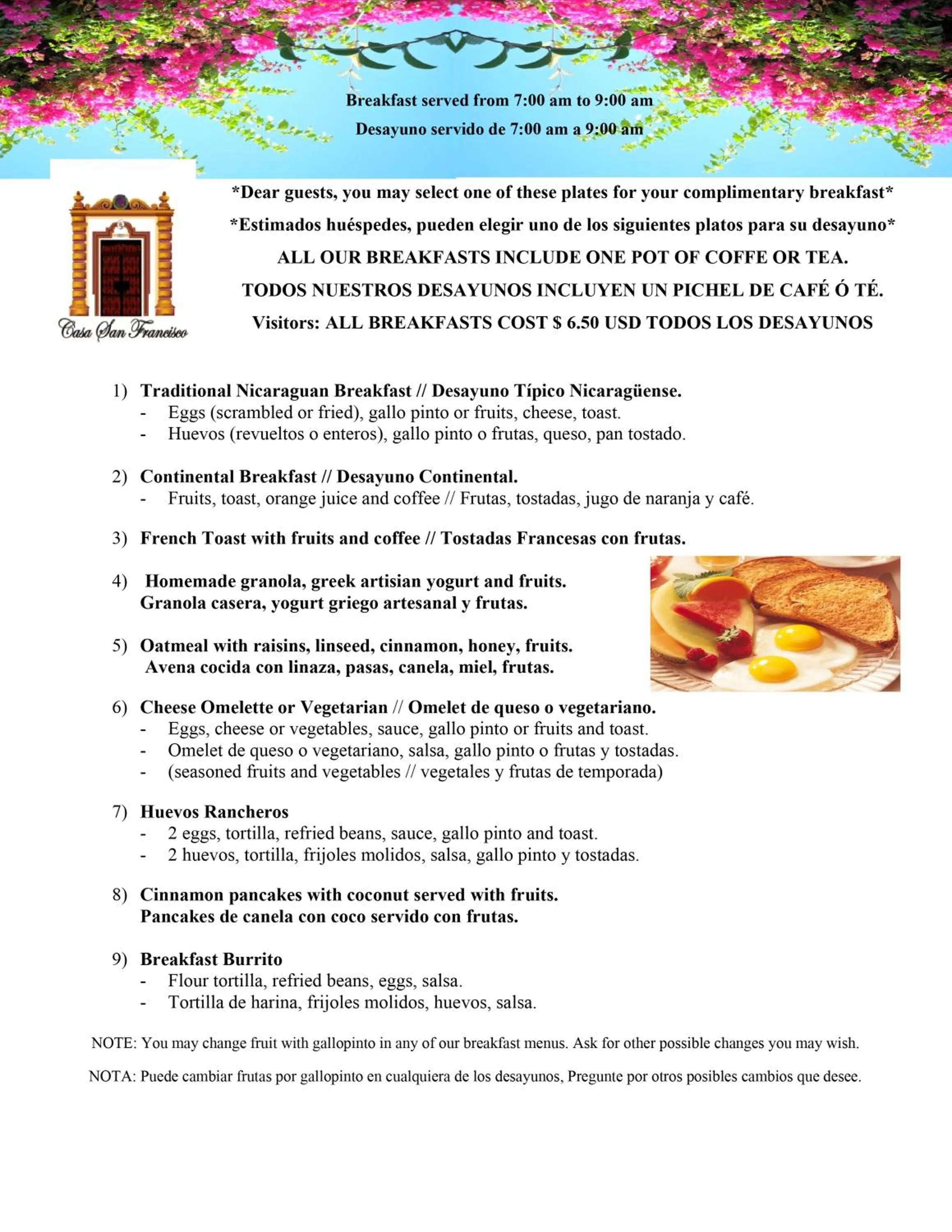 Food and drinks in Hotel Casa San Francisco