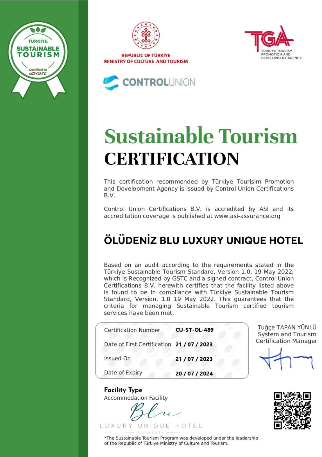 Certificate/Award in Ölüdeniz Blu Luxury Unique Hotel - Adults-Only
