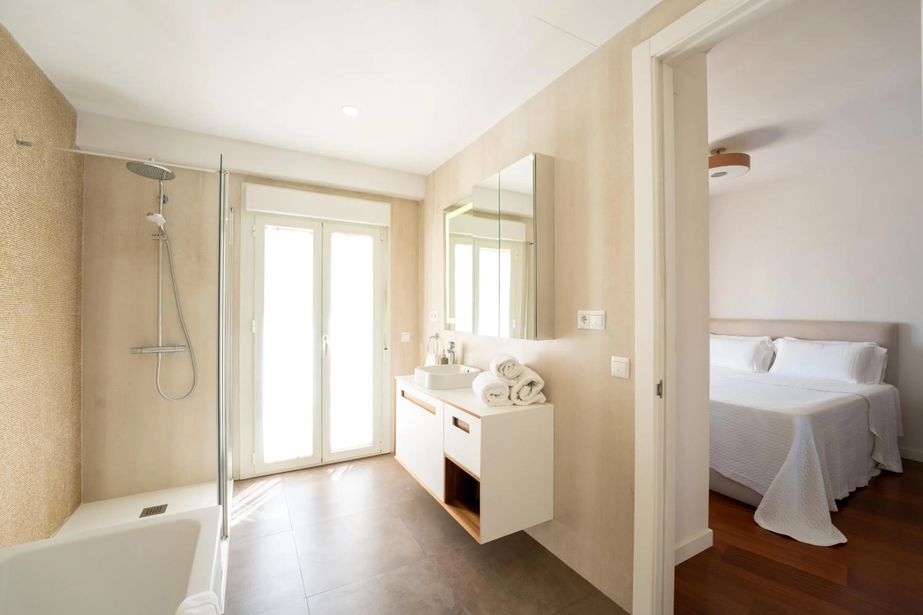 Bathroom, Bed in Plaza Mina Suites - Adults Recommended by Luxury Suites Cadiz