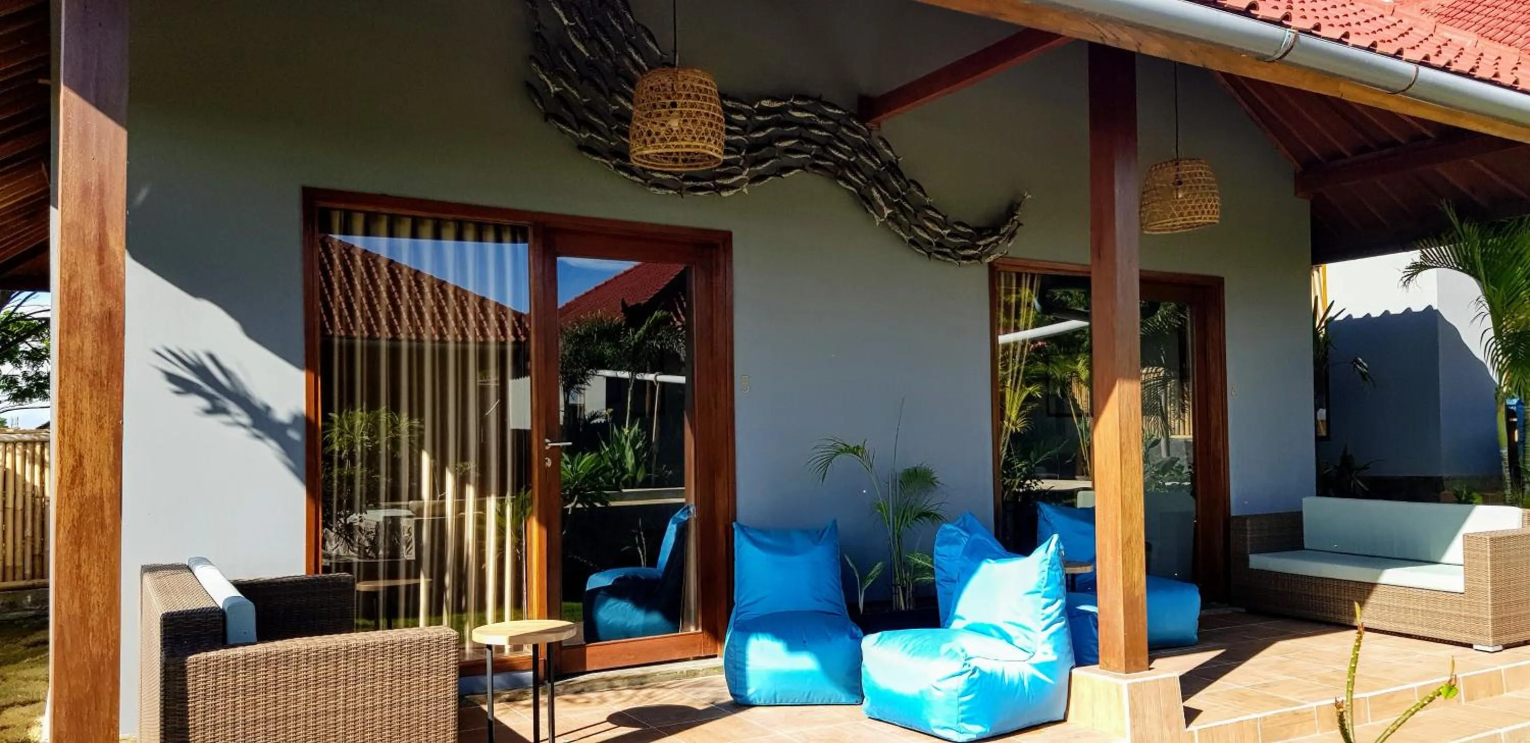 Patio in Ombak Resort at Ekas , a luxury surf and kite destination, Close to Inside Ekas beach